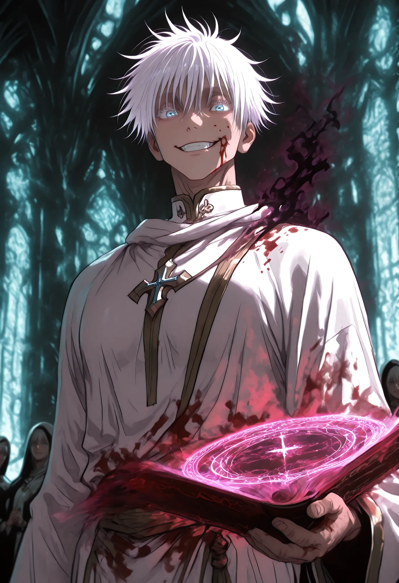 purple theme, pink theme, brown theme, black theme, grey theme, white, theme, violet theme, turquoise theme, maroon theme, gold theme, silver theme,, 1man, gojou satoru /(jujustu kaisen/), detailed eyes, blue eyes, white hair, short hair, detailed eyelashe...