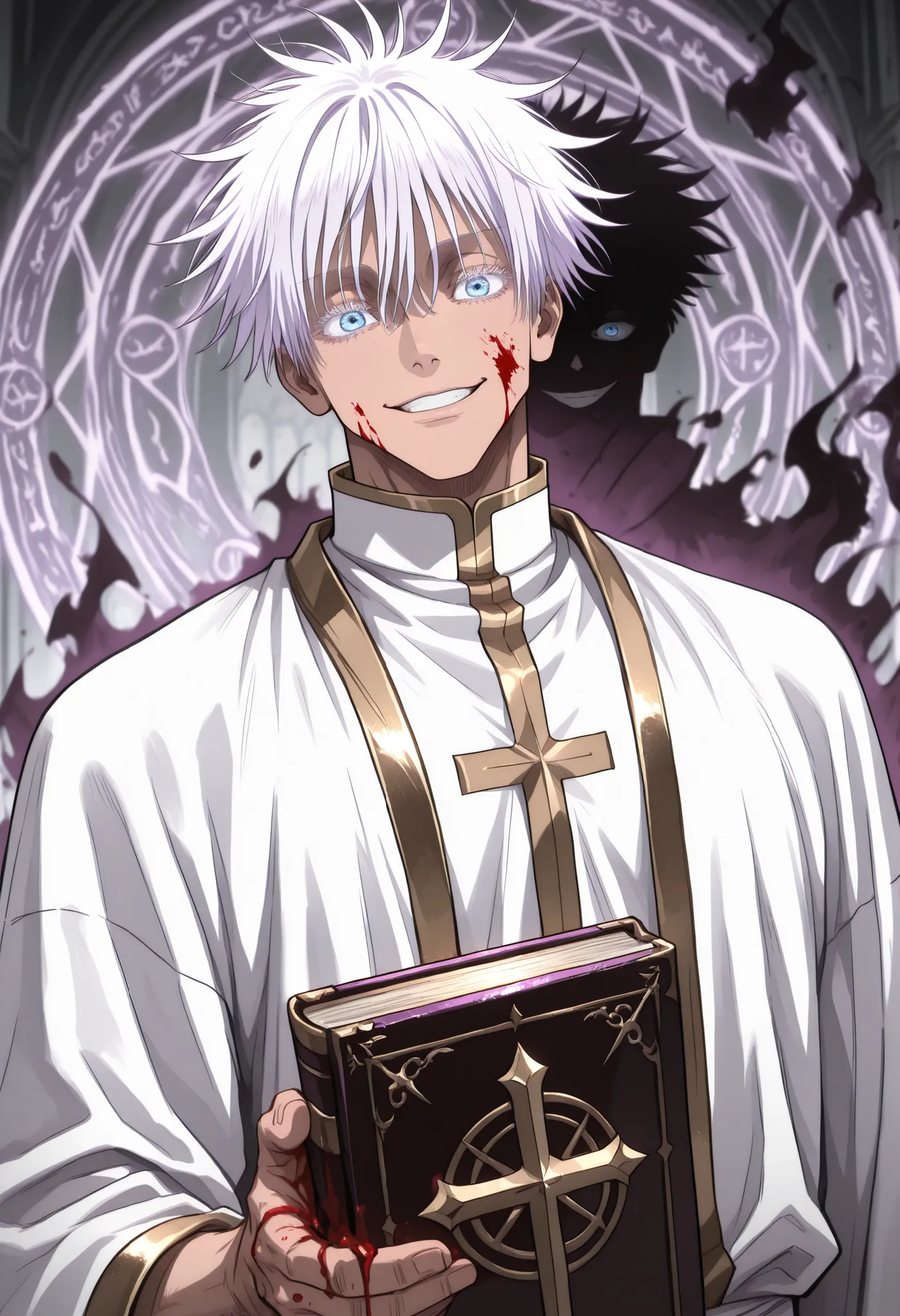 purple theme, pink theme, brown theme, black theme, grey theme, white, theme, violet theme, turquoise theme, maroon theme, gold theme, silver theme,, 1man, gojou satoru /(jujustu kaisen/), detailed eyes, blue eyes, white hair, short hair, detailed eyelashe...