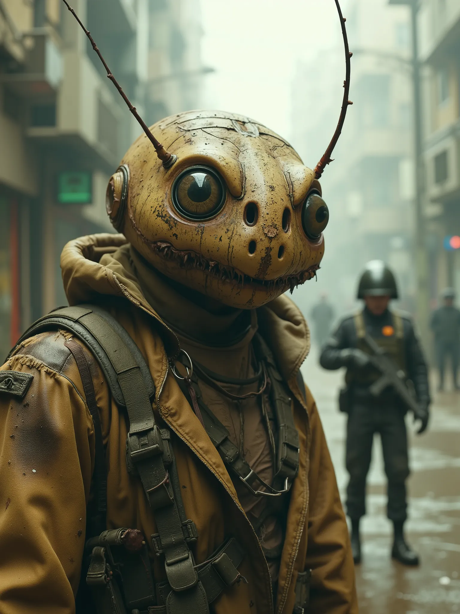 Half-humanoid beige lobster with old, torn clothes and dirty big eyes ,setting of a city invaded by aliens, apocalyptic police and people , colors realistic faded,smoky filter
