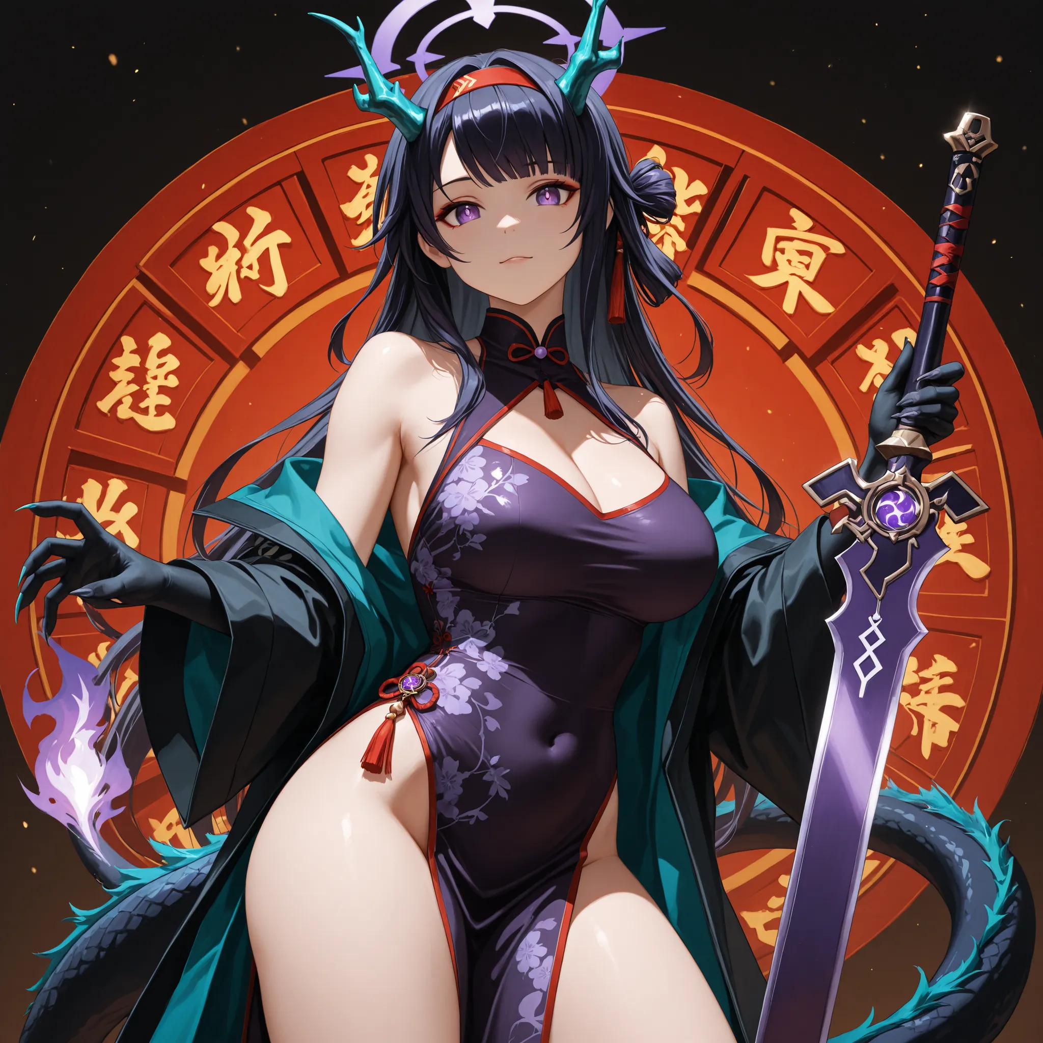Sozinho, 1 menina, facing the viewer, cabelo roxo, Konno Yuuki hairstyle from "Sword Art Online", hair band must be in the color black, black hair band, Halo of Asuna Ichinose of "Blue Archive" (na cor roxa, strong and flashy purple), Raiden Shogun's face ...