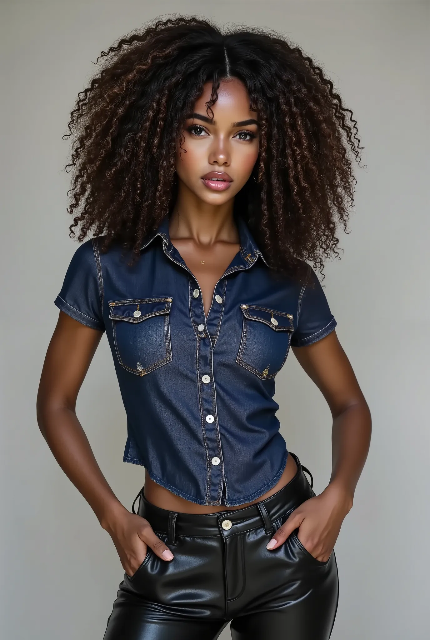 beautiful woman with olive skin in a dark blue denim bust pockets shirt tucked tightly into her black leather pants. Wavy black hair, She poses in a photo studio. No cleavage. The lights are towards her. It's very realistic. Portrait photo. beautiful eyes,...