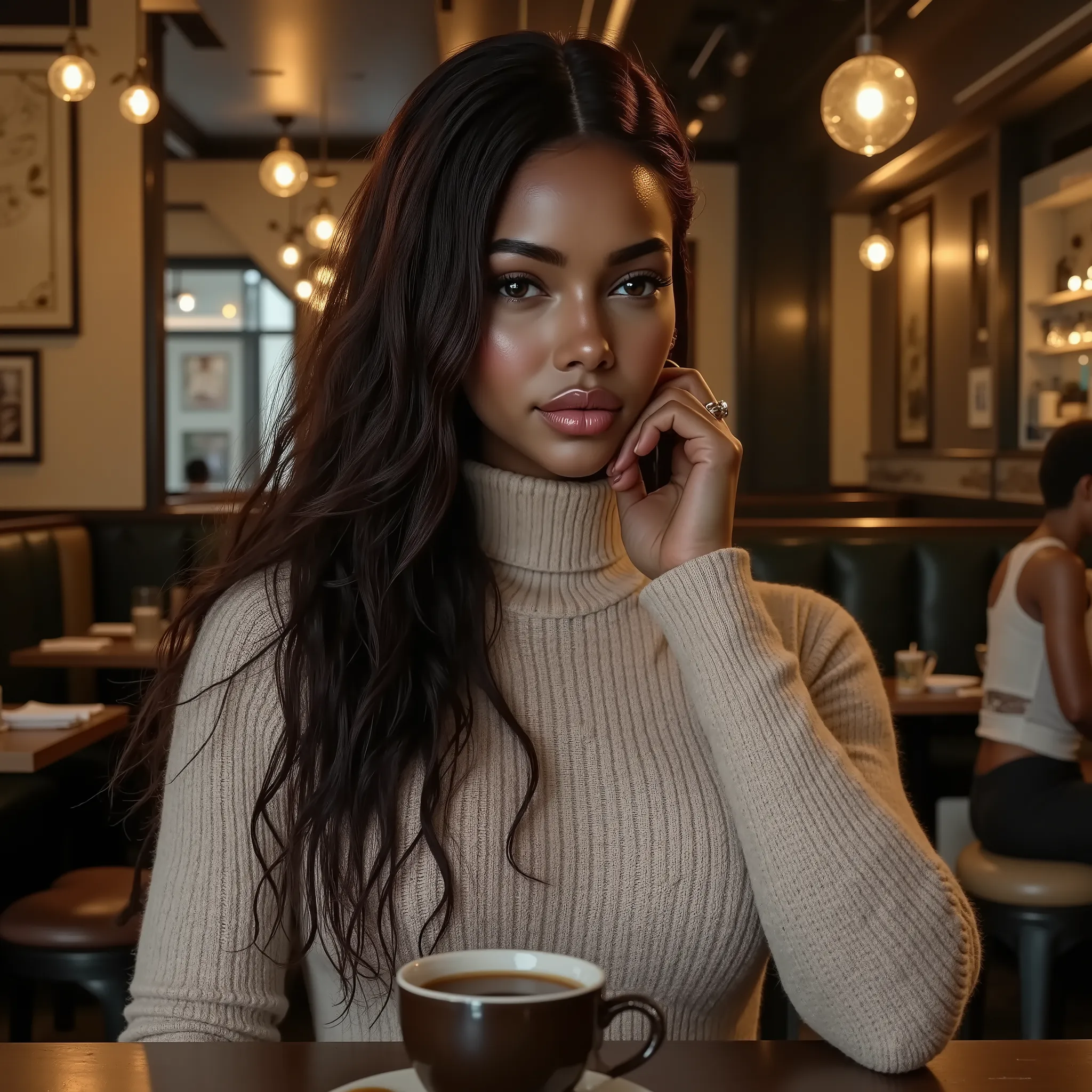 a mixed-race woman with long hair, wearing a turtleneck sweater, sitting in a cafe having a coffee, perfect makeup, detailed skin, realistic photo, high quality, photorealistic, HDR, studio lighting, ultra-detailed, sharp focus, vivid colors, cinematic lig...