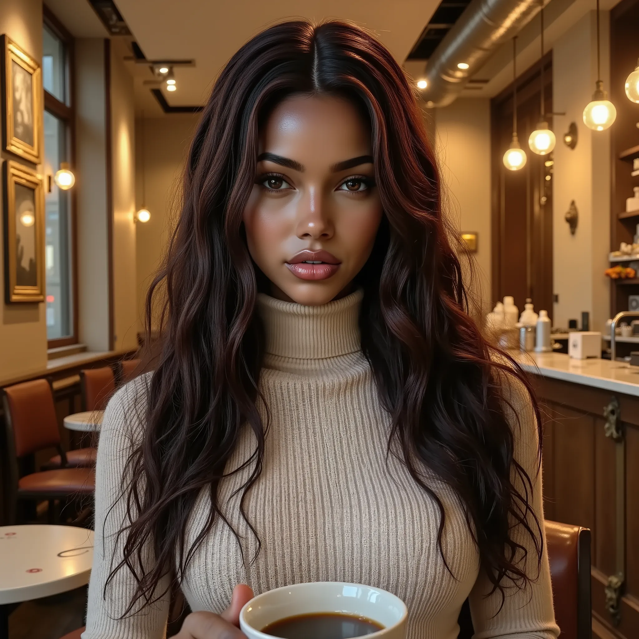 a mixed-race woman with long hair, wearing a turtleneck sweater, sitting in a cafe having a coffee, perfect makeup, detailed skin, realistic photo, high quality, photorealistic, HDR, studio lighting, ultra-detailed, sharp focus, vivid colors, cinematic lig...