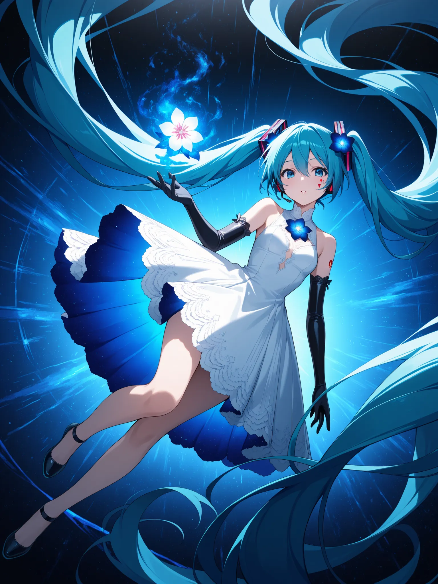 1girl, solo, long hair, hatsune miku, twintails, very long hair, dress, blue hair, gloves, full body, blue eyes, floating, looking at viewer, hair ornament, sleeveless, black gloves, multicolored hair, facial mark, sleeveless dress, flower, parted lips, ab...