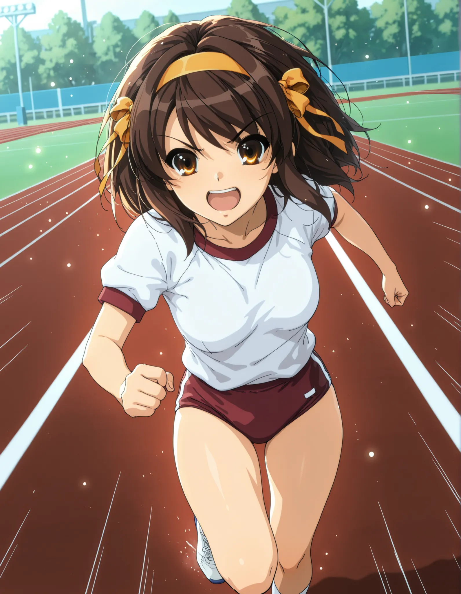 Masterpiece, best quality, high res, 8k, solo, solo focus, 1girl, sysdeep_haruhi, suzumiya haruhi in her gym uniform running at super speeds, high school track background, daytime, speed lines, full shot, running towards viewer, light particles showing sup...