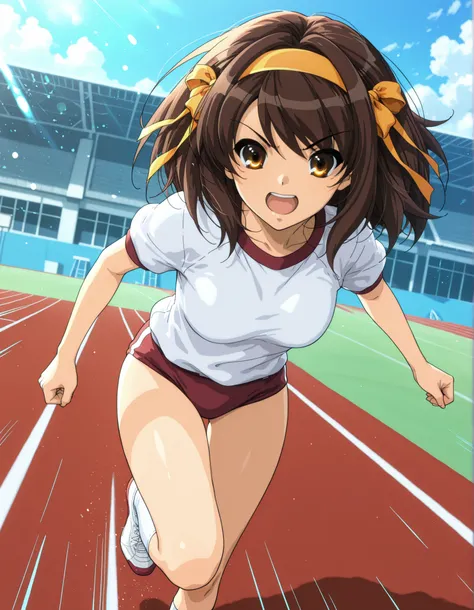 Masterpiece, best quality, high res, 8k, solo, solo focus, 1girl, sysdeep_haruhi, suzumiya haruhi in her gym uniform running at super speeds, high school track background, daytime, speed lines, full shot, running towards viewer, light particles showing sup...