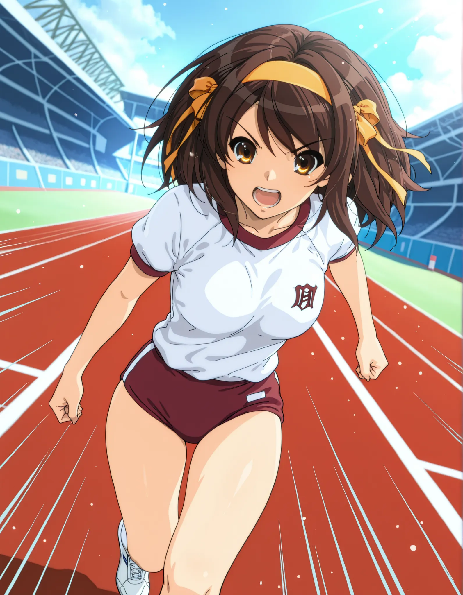 Masterpiece, best quality, high res, 8k, solo, solo focus, 1girl, sysdeep_haruhi, suzumiya haruhi in her gym uniform running at super speeds, speed force, high school track background, daytime, speed lines, full shot, running towards viewer, light particle...