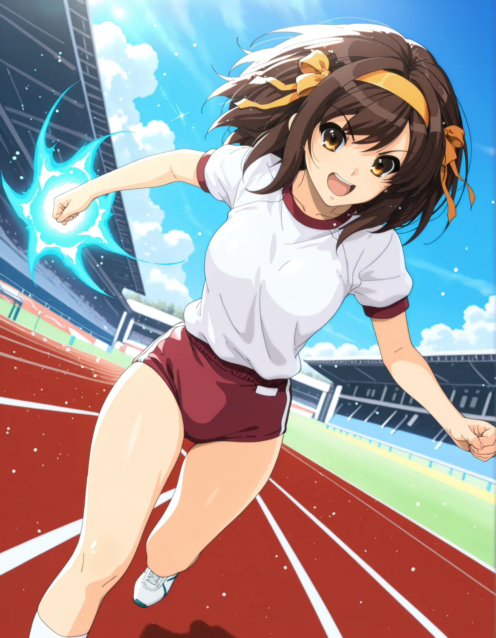 Masterpiece, best quality, high res, 8k, solo, solo focus, 1girl, sysdeep_haruhi, suzumiya haruhi in her gym uniform running at super-speed, blue energy waves, high school track background, daytime, speed lines, full shot, running towards viewer, light par...