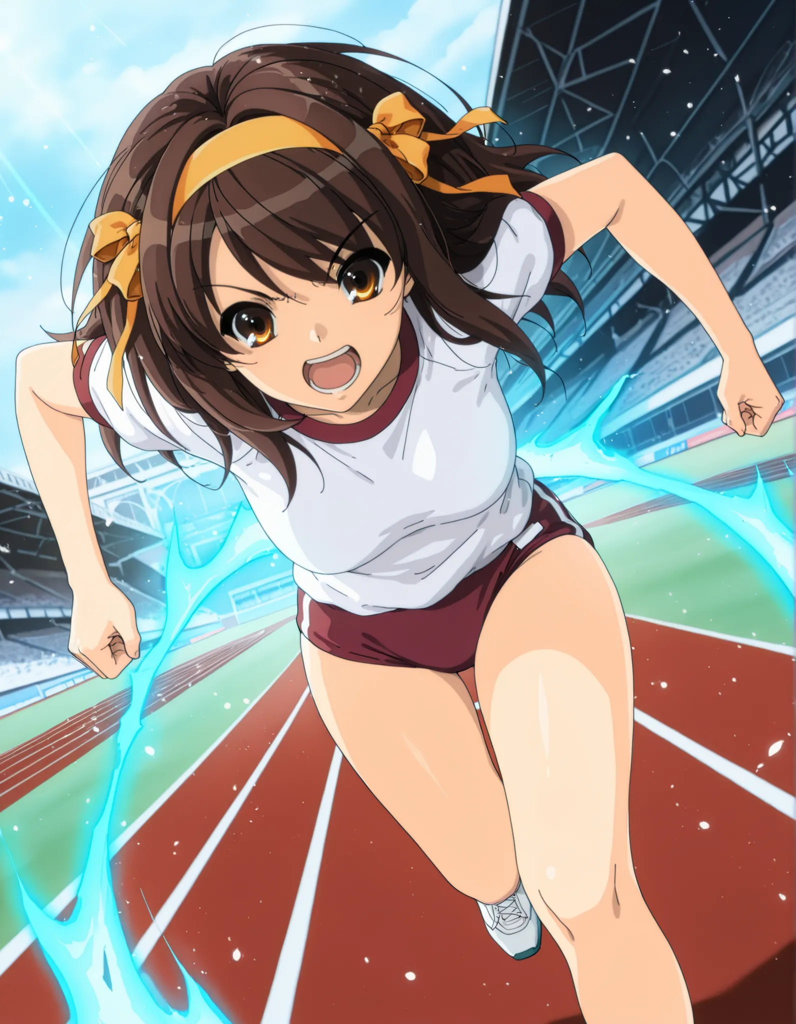 Masterpiece, best quality, high res, 8k, solo, solo focus, 1girl, sysdeep_haruhi, suzumiya haruhi in her gym uniform running at super-speed, blue energy waves, high school track background, daytime, speed lines, full shot, running towards viewer, light par...