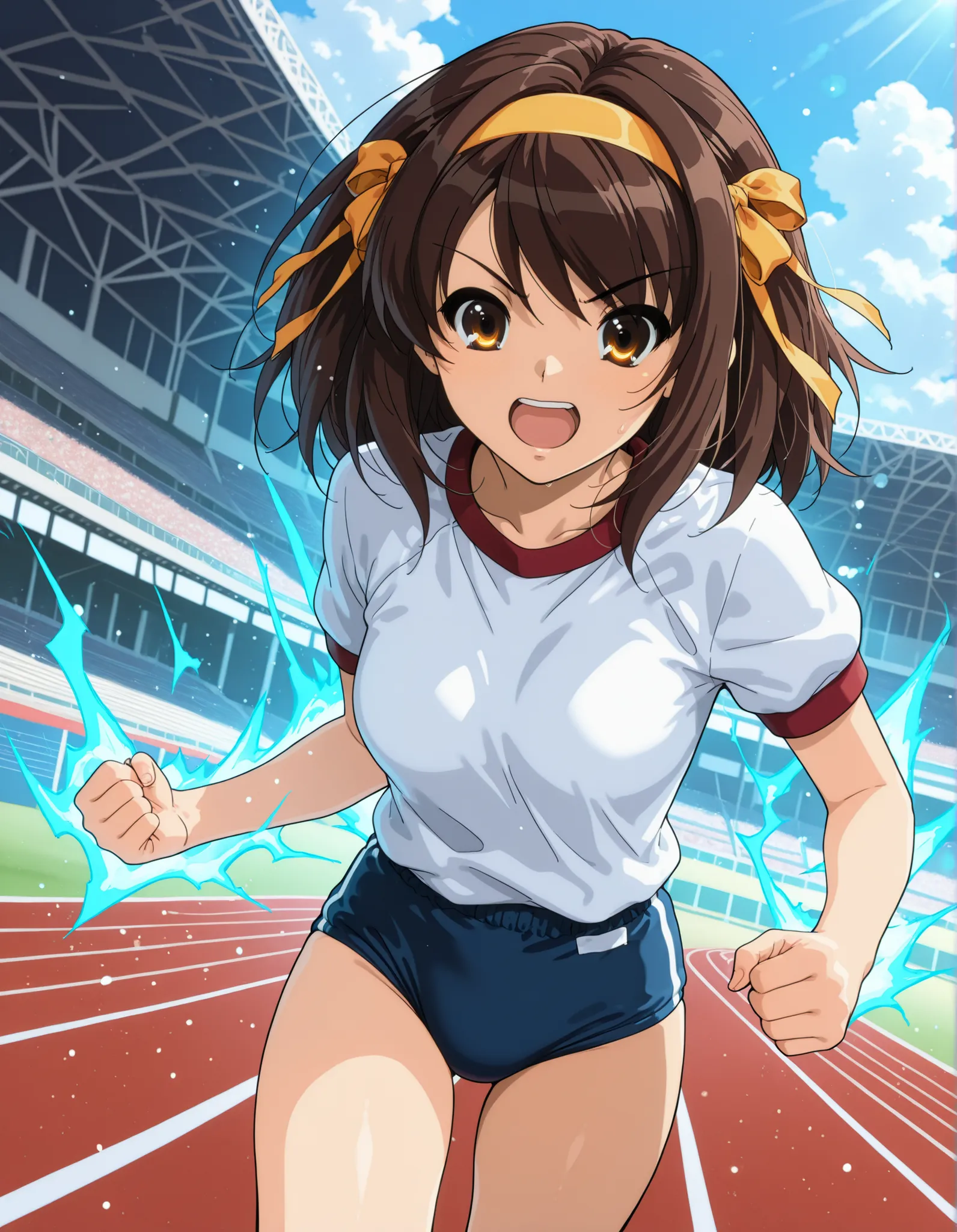 Masterpiece, best quality, high res, 8k, solo, solo focus, 1girl, sysdeep_haruhi, suzumiya haruhi in her gym uniform running at super-speed, blue energy waves, high school track background, daytime, speed lines, full shot, running towards viewer, light par...