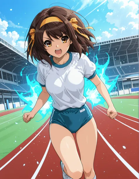 Masterpiece, best quality, high res, 8k, solo, solo focus, 1girl, sysdeep_haruhi, suzumiya haruhi in her gym uniform running at super-speed, blue energy waves, high school track background, daytime, speed lines, full shot, running towards viewer, light par...