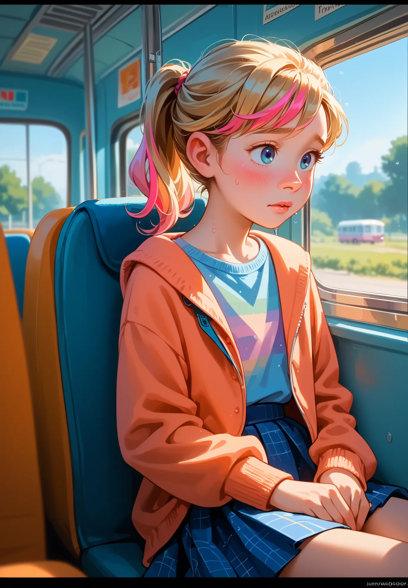 1girl, solo, Riley Andersen, Inside Out, shy, blush, sweaty, blonde ponytail hair with pink highlights, schoolgirl outfit, sitting in a bus, sunny day, seaside town, beautiful lighting and shadows,masterpiece,top quality,warm color,high resolution,high fas...