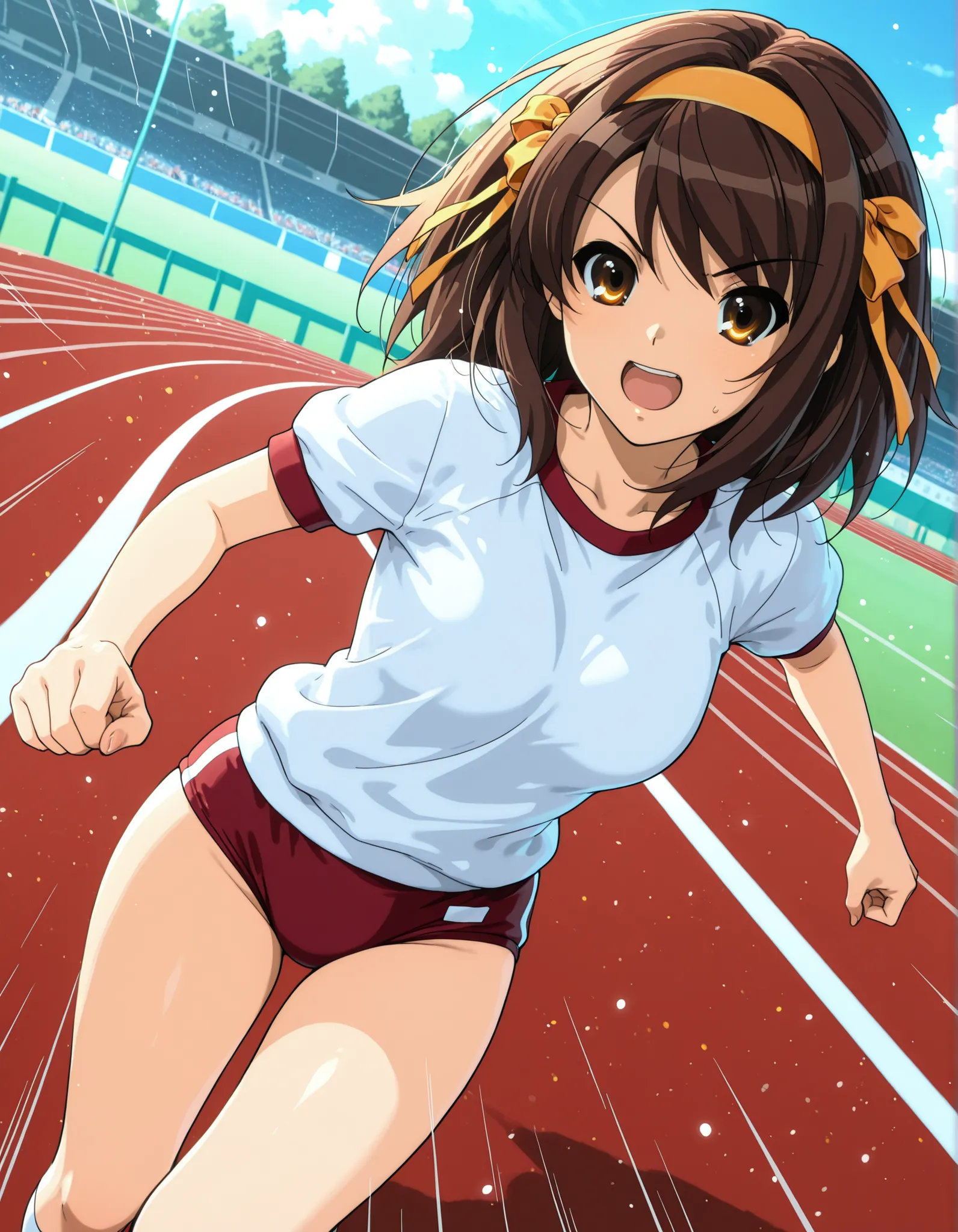 Masterpiece, best quality, high res, 8k, solo, solo focus, 1girl, sysdeep_haruhi, suzumiya haruhi in her gym uniform running at super-speed, blue energy waves, high school track background, daytime, speed lines, full shot, running towards viewer, light par...