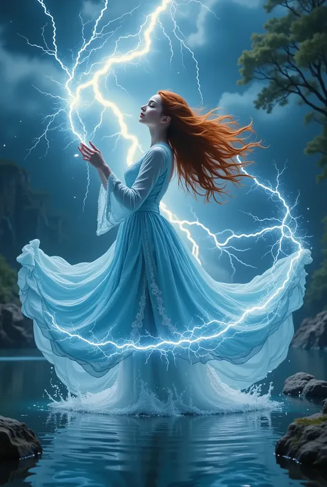 Girl with Her Hair Raised to the Top Epic, gorgeous, magic, An Explosion of Magical Energy,  Magic around , Beautiful Bright Colors, Magic Circles Electric Lightning Sparkle and Strike in All Directions, She Floats in the Air Over the Beautiful Lake, beaut...