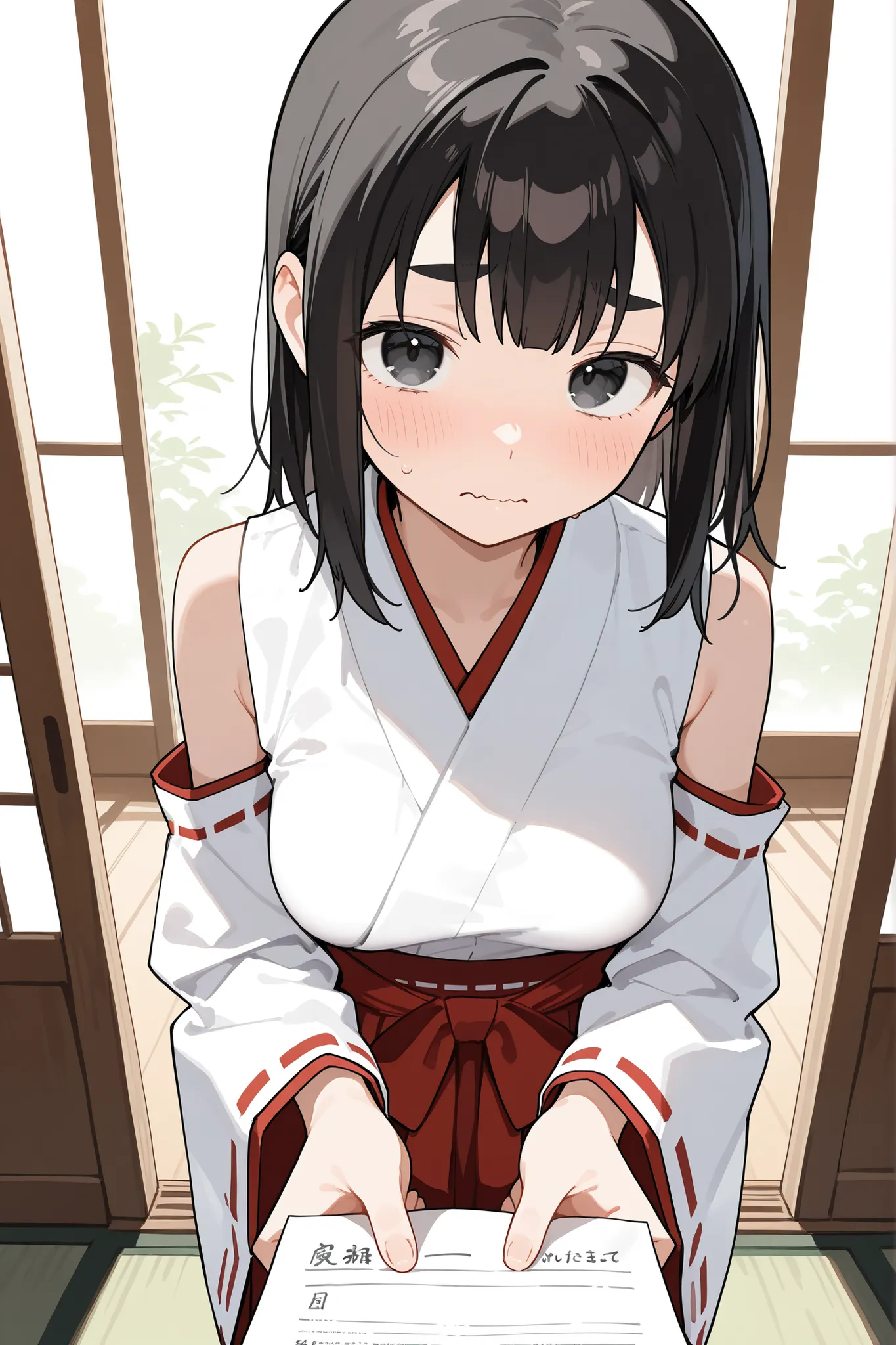 cute girl, schoolgirl, small girl, short girl, tween, (solo), (1girl), (alone), miko, white shirt, white detached sleeves, red trim, long skirt, hakama skirt, red skirt, (medium breasts), skinny, narrow waist, black hair, medium hair, double parted bangs, ...