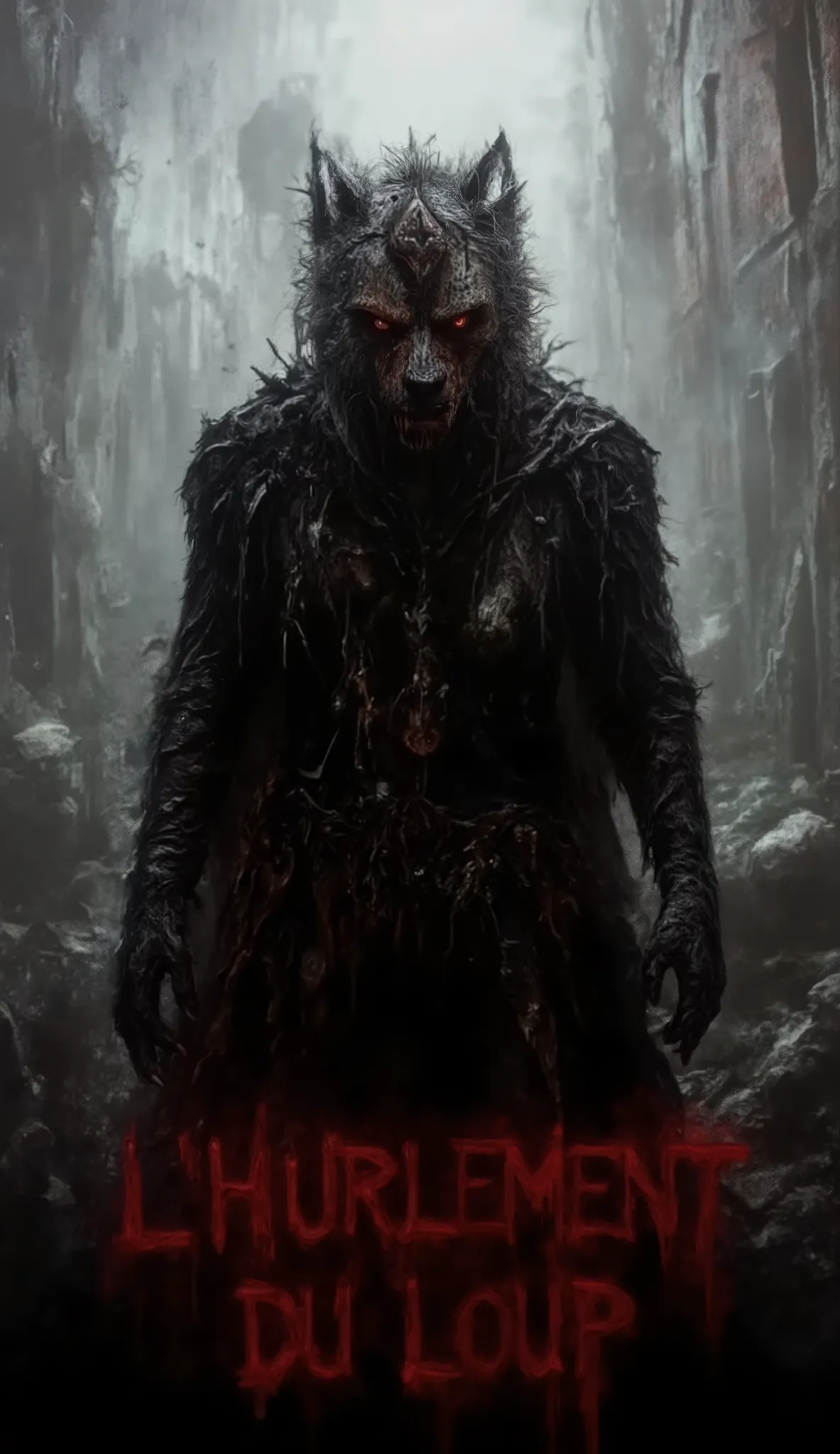 Horror movie poster style inspired by Silent Hill, titled "L’Hurlement du Loup". A terrifying humanoid wolf with a massive rusted pyramid-shaped helmet instead of a head stands in a foggy, desolate town. The creature’s fur is matted, claws bloodied, and it...