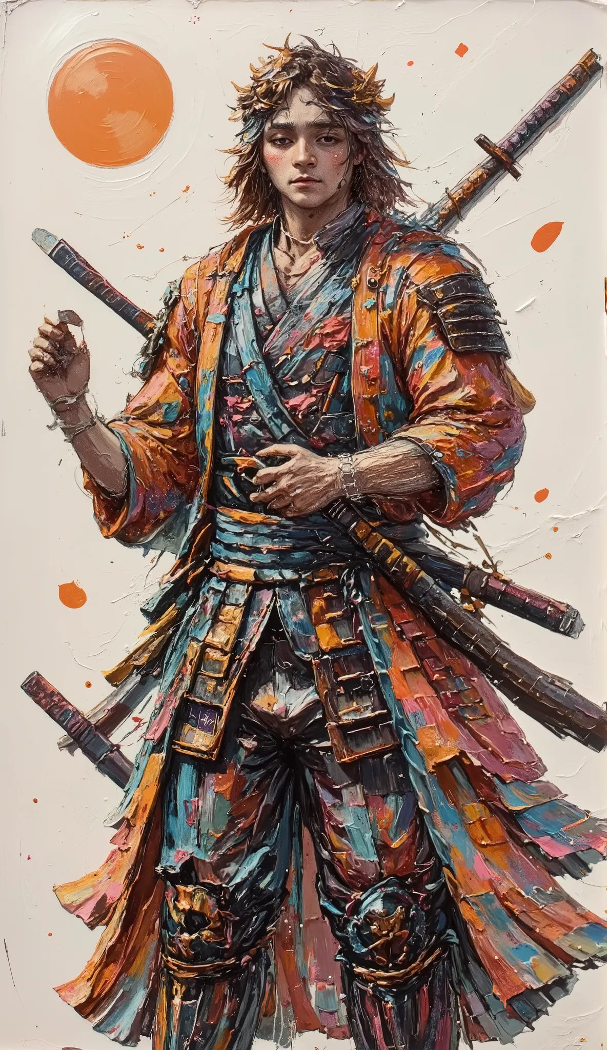 A samurai warrior stands proudly at center stage, enveloped in a mystical aura. He wears a kasa, a traditional straw hat, which shades his face and reinforces his mysterious aura. His black armor, adorned with detailed metal plates, contrasts with his flow...