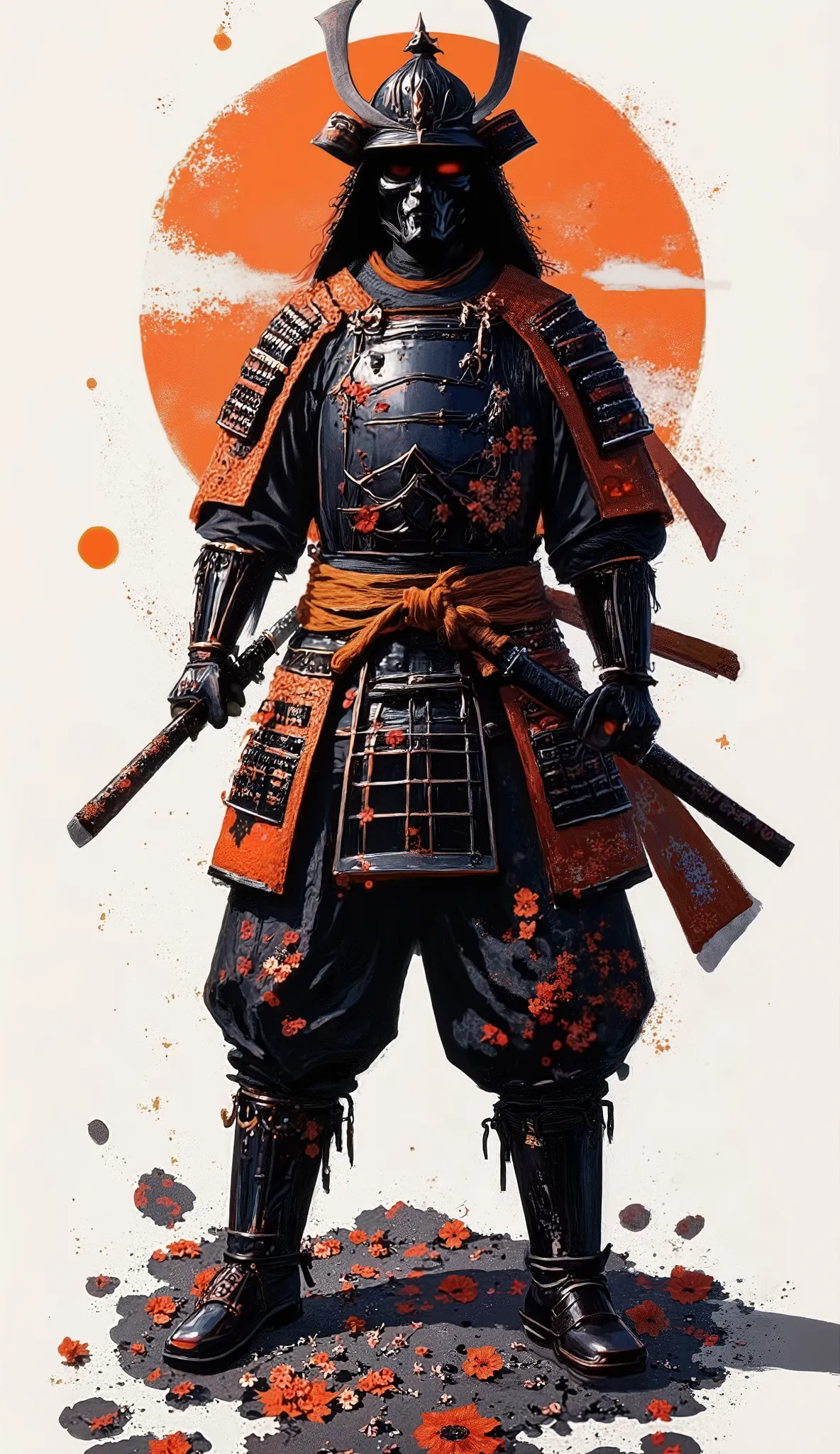 A samurai warrior stands proudly at center stage, enveloped in a mystical aura. He wears a kasa, a traditional straw hat, which shades his face and reinforces his mysterious aura. His black armor, adorned with detailed metal plates, contrasts with his flow...