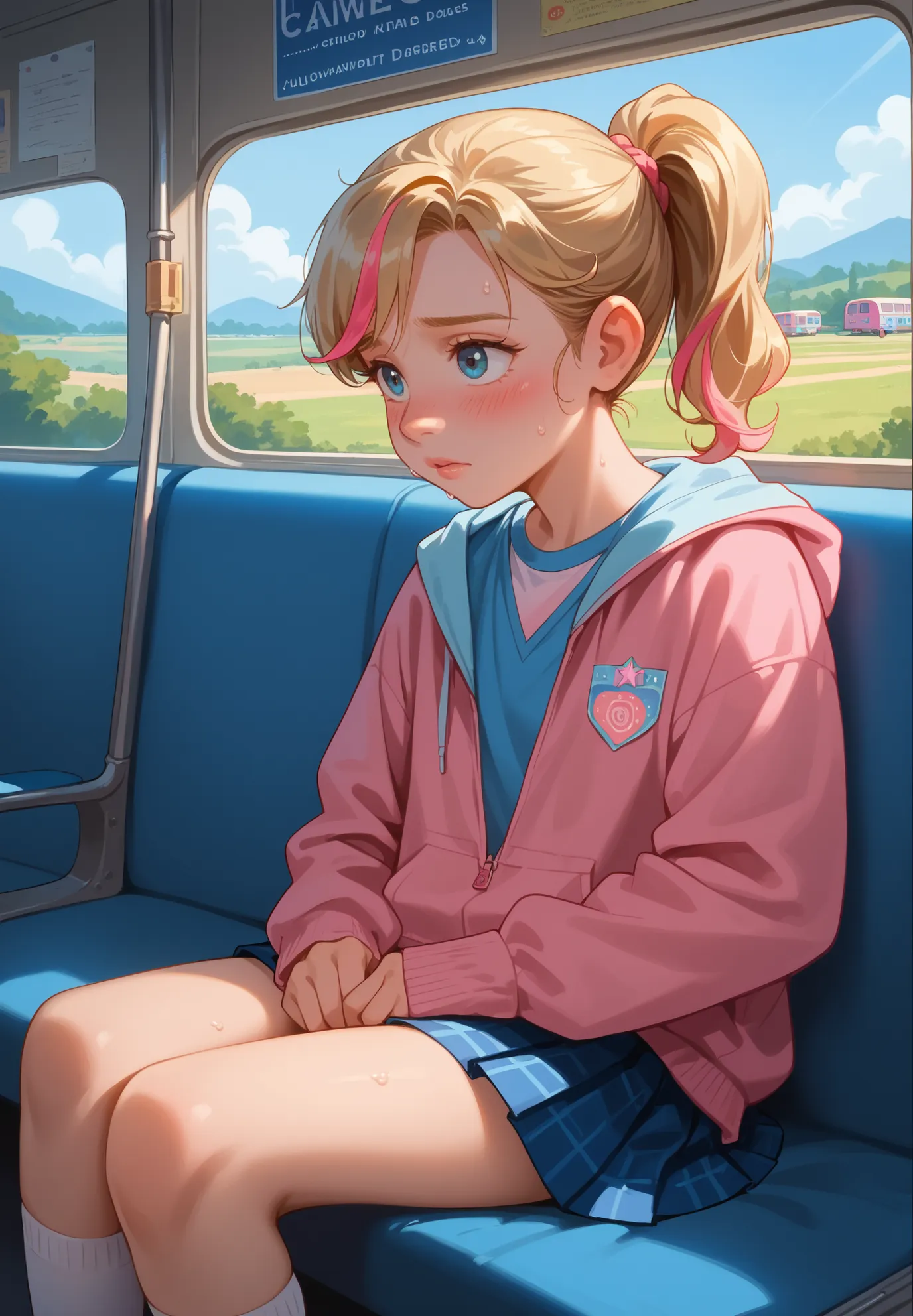 1girl, solo, Riley Andersen, Inside Out, shy, blush, sweaty, blonde ponytail hair with pink highlights, schoolgirl outfit, sitting in a bus, sunny day, seaside town, beautiful lighting and shadows,masterpiece,top quality,warm color,high resolution,high fas...