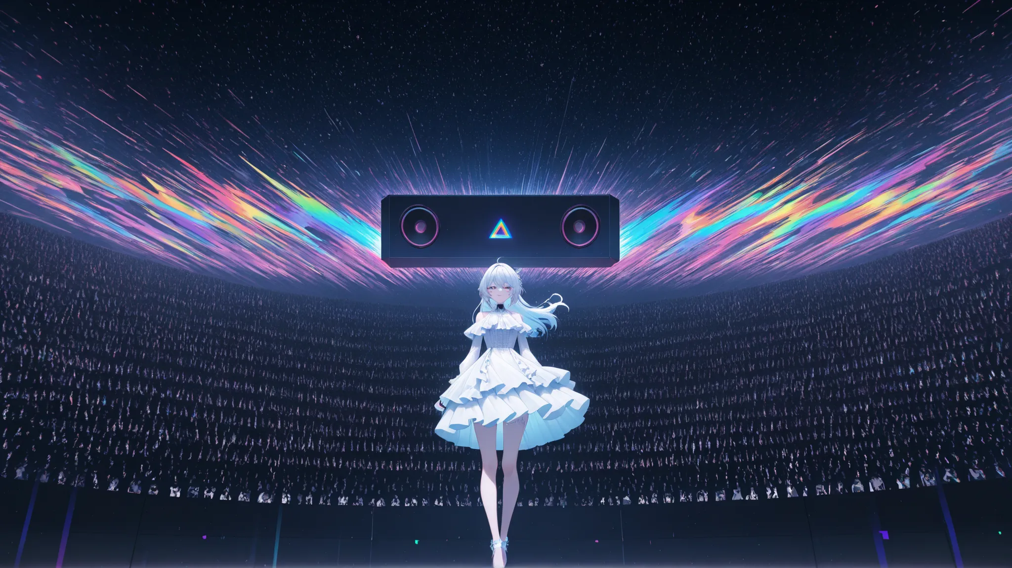 vocalist with a mic, wearing a frilly ta dress mixed with cybernetic enhancements. Her voice waves manifest as glitchy rainbow static. The stage is a floating digital void with distorted speakers, fast-moving breakcore visuals, and a crowd of shadowy figur...