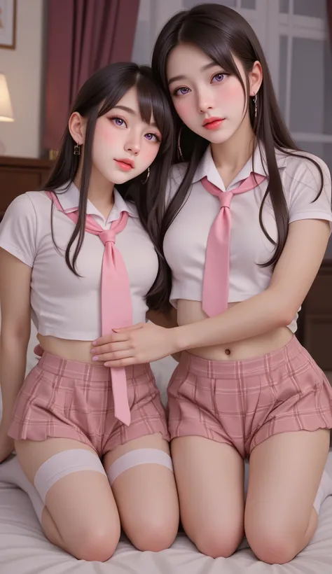 ((My face is wet with milk))、Background Bedroom、((On all fours))(Open mouth climax face)、Braided Hair、Cute face drawing、Realistically、(Two 29-year-old women embracing each other, cleavage emphasized)、Wearing a ((hoop earrings, college girl (Purple straight...