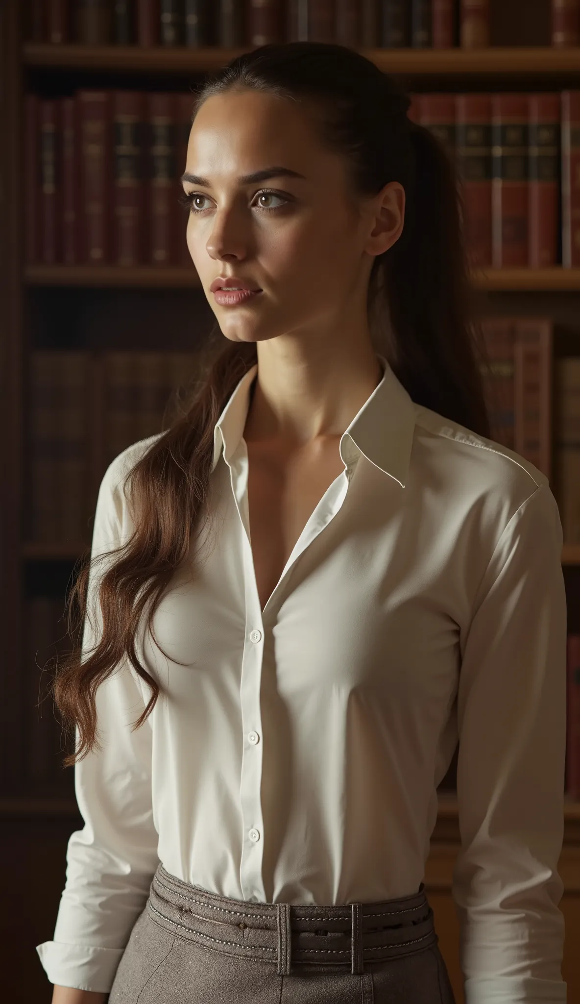 giant woman, giantess, extremely tall towering skinny araffe lanky statuesque slim smart studious shy young Jewish woman, Natalie Portman, (long legs:1.4), victorian library, bright symmetric eyes, sheen button-down collared blouse, (big huge giant humongo...