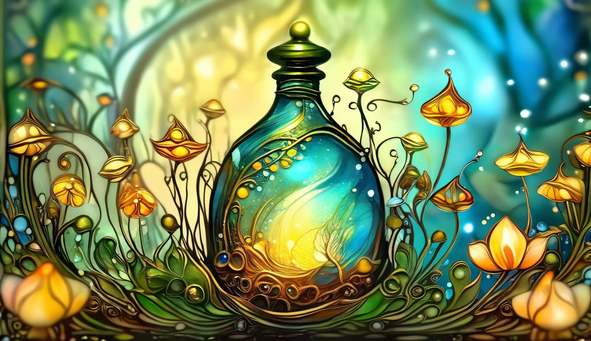 Elegant splash art. Extreme close-up. Tiny pixies bottle "Essence of Life" in a hidden glade. Dynamic lighting. The pixies are clad in shimmering silks. Art nouveau. Intricate patterns adorn the glade. Vivid colors. Best quality, a masterpiece, incredibly ...