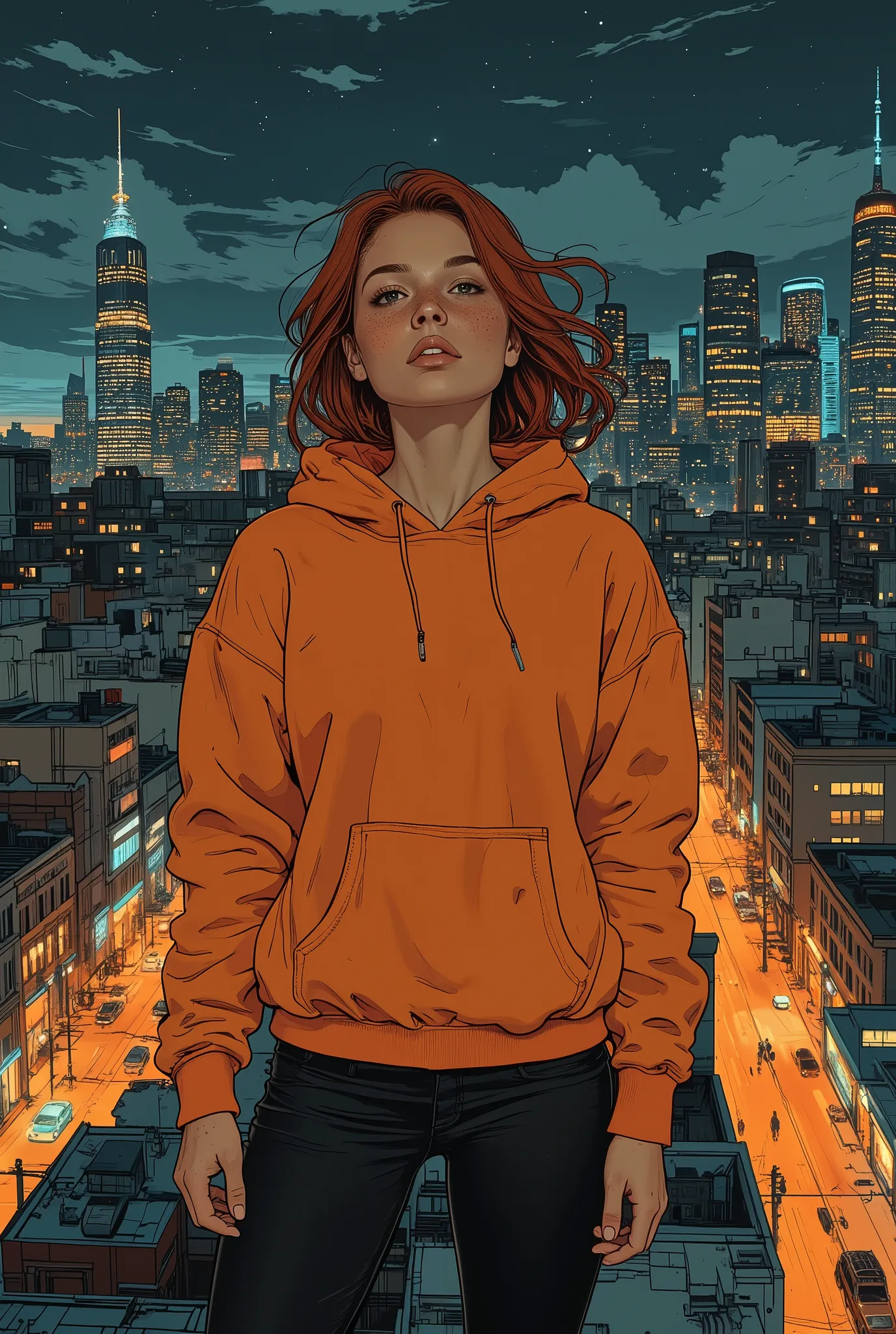 A photorealistic night scene captures a solitary woman standing on the edge of a skyscraper rooftop, her auburn hair tousled by the gentle night breeze as warm city lights caress her freckled face. She wears a comfortably oversized orange cotton hoodie wit...