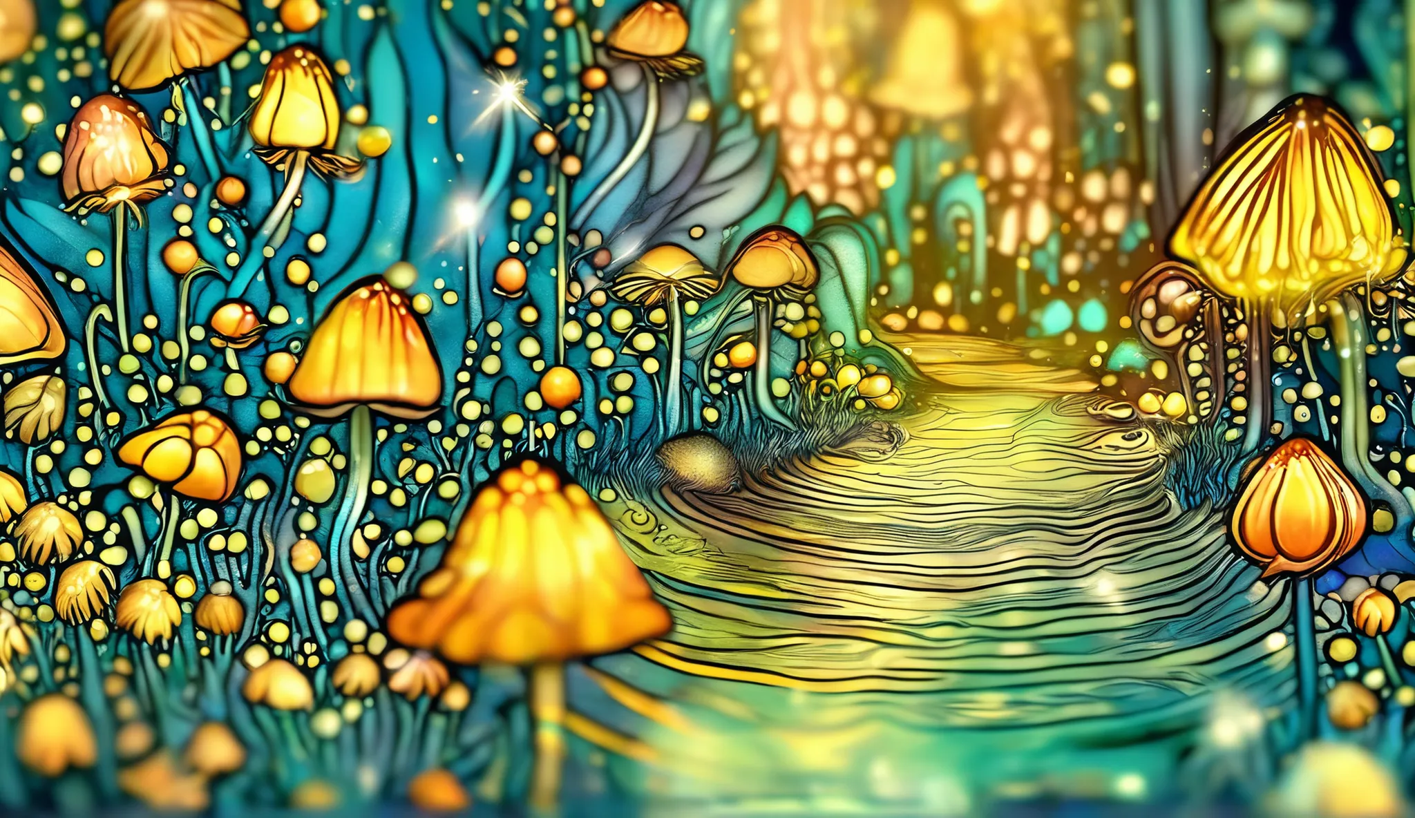 Elegant splash art. Extreme close-up. Tiny pixies bottle "Essence of Life" in a hidden glade. Dynamic lighting. The pixies are clad in shimmering silks. Art nouveau. Intricate patterns adorn the glade. Vivid colors. Best quality, a masterpiece, incredibly ...