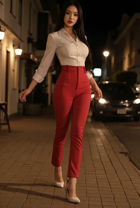 Night realistic Asian girl standing pants black hair shorts red pants movie tight pants white heels long sleeve shirt 