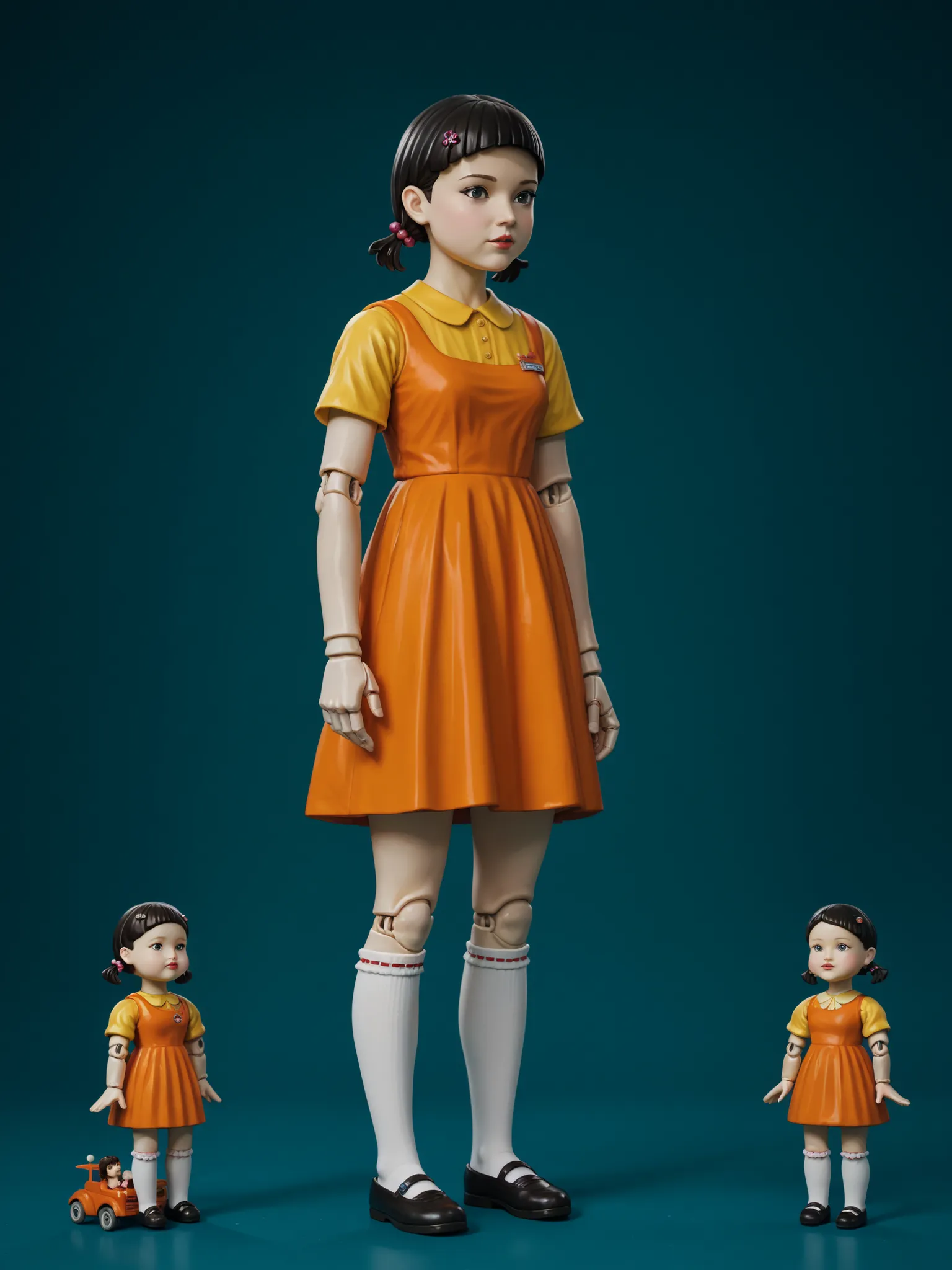 score_9, score_8_up, score_7_up,  score_6_up, BREAK, Squidgamedoll, 1girl, solo, short hair, black hair, black eyes, orange dress, hair ornament, socks, doll joints, hair bobbles, short twintails, kneehighs, yellow shirt 