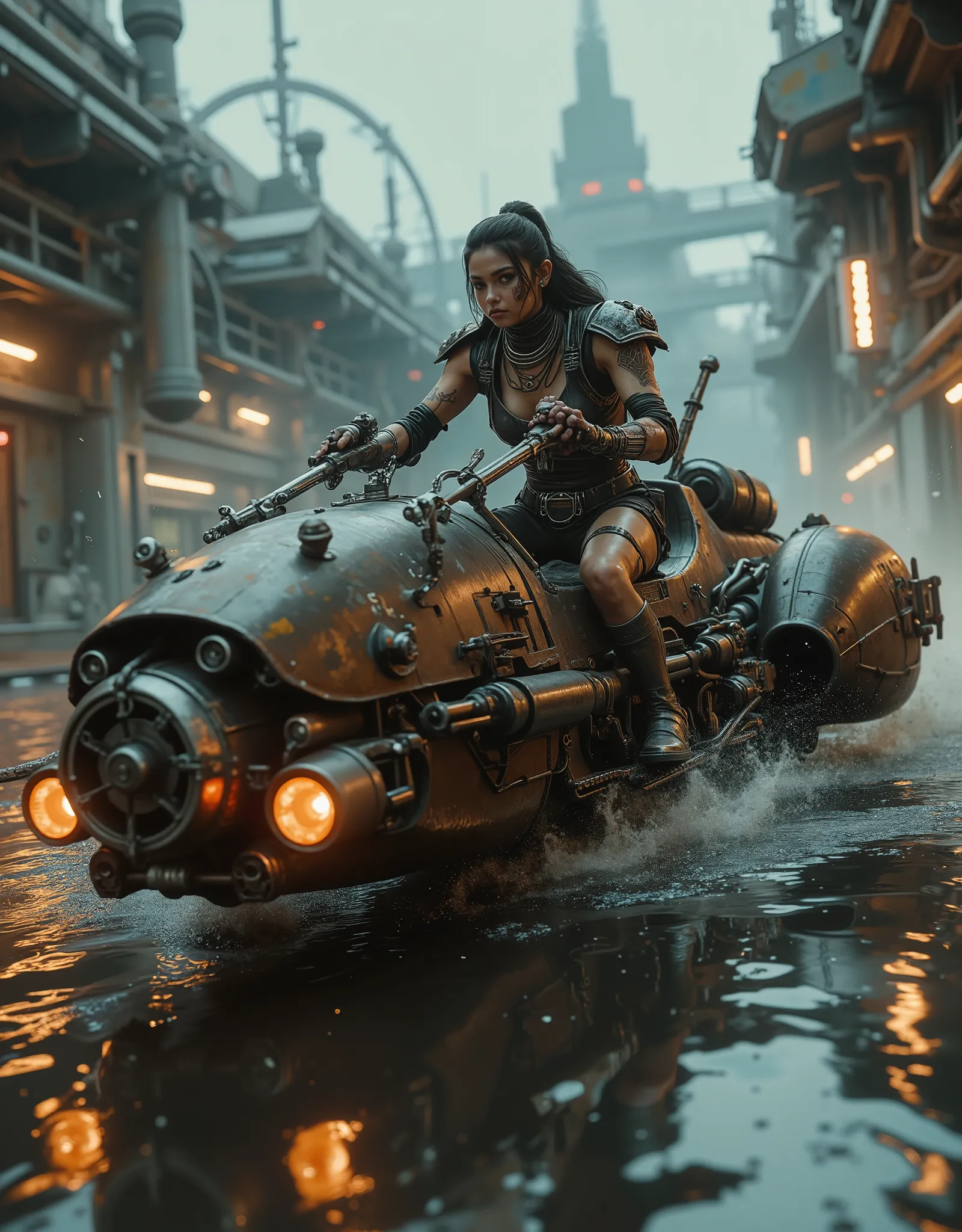 fotografía cinematográfica usando la regla de tercios y WITHposición en planos Foto lateral toma de cuerpo WITHpleto contrapicada, soft light, unmarked contrasts, A motorcycle (Speeder bike) retro futuristic flying ( bike) inspirada en motos con montura...