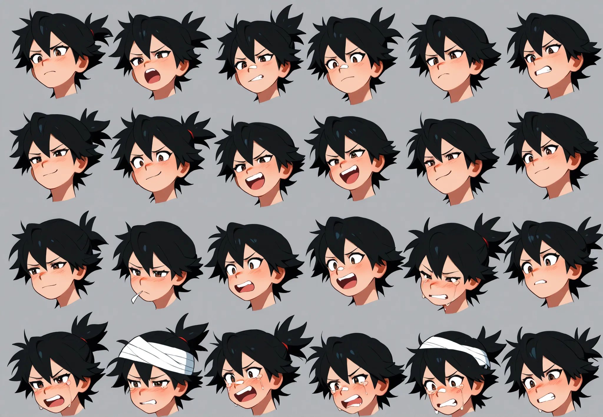 3D anime-style male character, bust-up view only. Short, messy black hair tied into a small ponytail at the back, long choppy bangs covering part of the face. Sharp golden-brown eyes, light skin tone, two bandages (one on the nose, one on the left cheek). ...