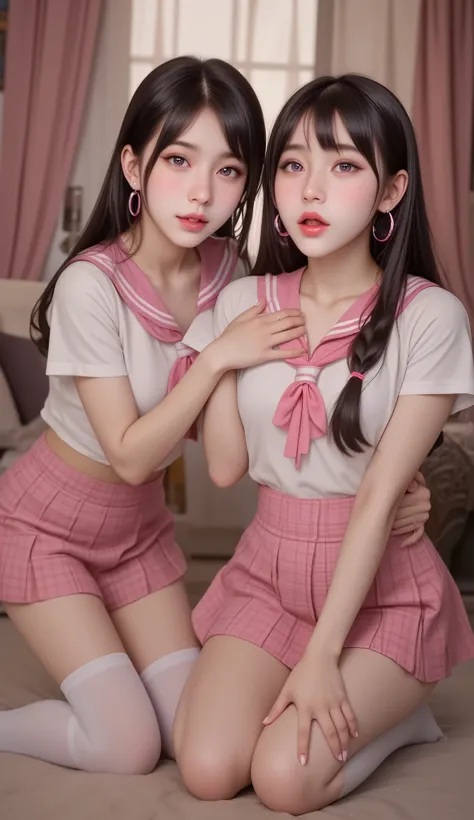 ((My face is wet with milk))、Background Bedroom、((On all fours))(Open mouth climax face)、Braided Hair、Cute face drawing、Realistically、(Two 29-year-old women embracing each other, cleavage emphasized)、Wearing a ((hoop earrings, college girl (Purple straight...