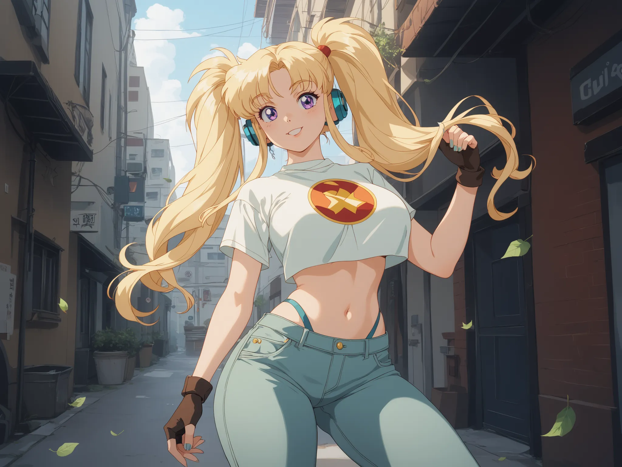 A young and beautiful anime girl, with voluptuous but harmonious proportions: thick thighs, pronounced hips and big breasts, highlighting the textures of the fabric and the volumes of her figure. She wears low-waisted cargo pants, x} decorative straps and ...