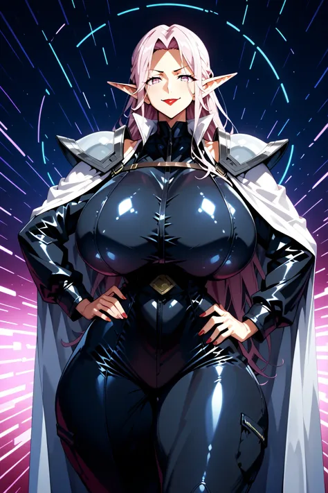 Elfa madura, elf ears, mature woman, (light pink hair: 1.4), long hair, (olhos rosas: 1.5), (pretty eyes), arrogant and snobby expression, red lipstick background, fake smile, giant breasts e pesos, seios flácidos de mature woman, big breasts, huge breasts...