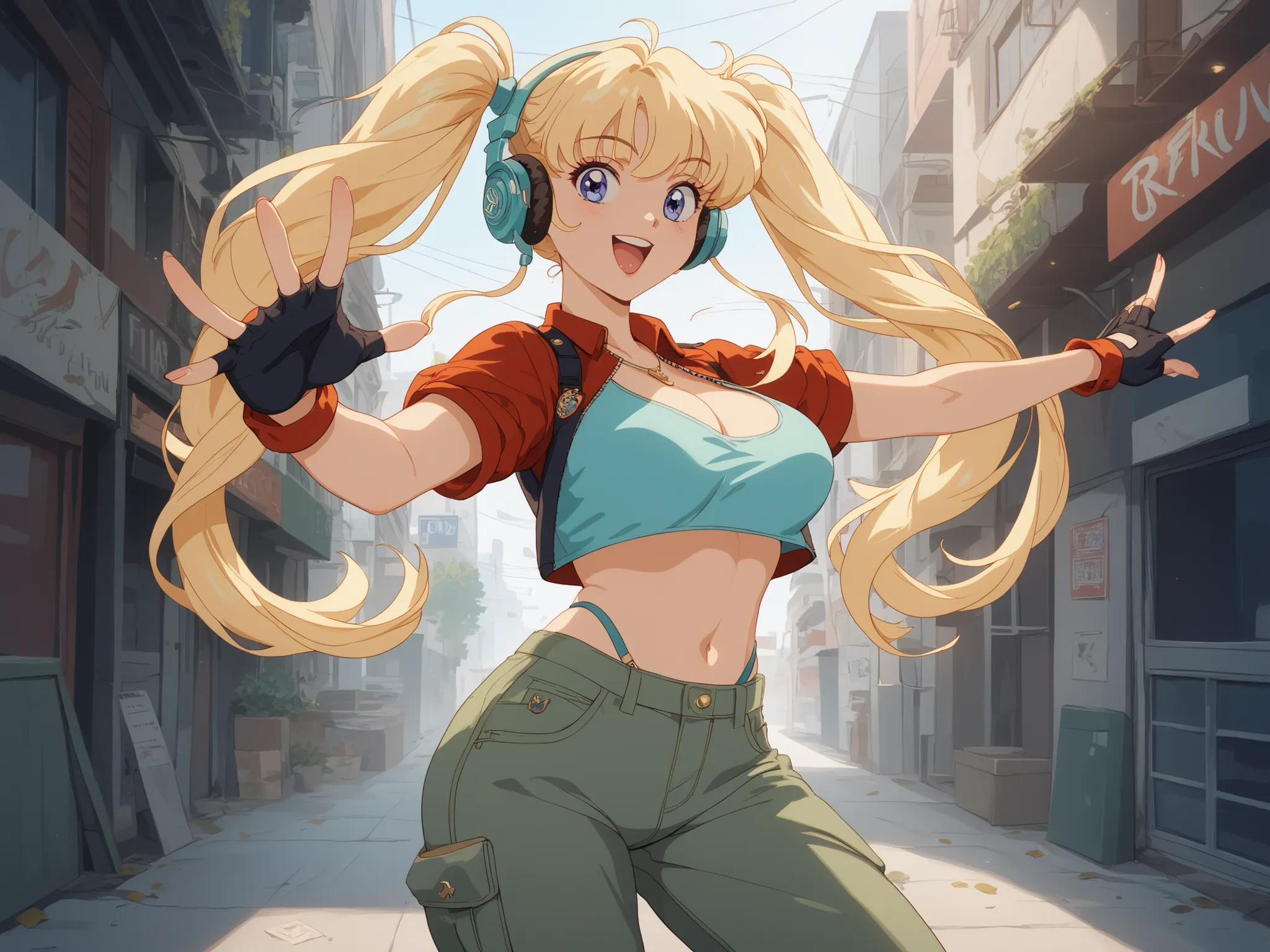 A young and beautiful anime girl, with voluptuous but harmonious proportions: thick thighs, pronounced hips and big breasts, highlighting the textures of the fabric and the volumes of her figure. She wears low-waisted cargo pants, x} decorative straps and ...