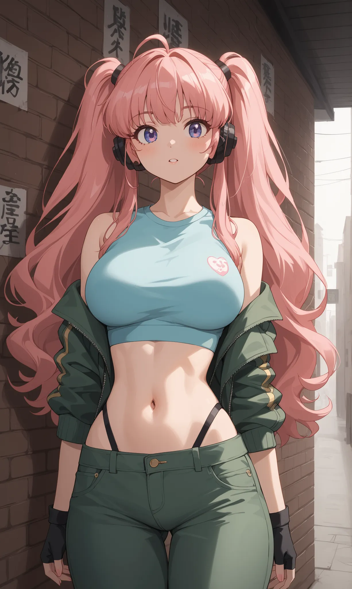 A young and beautiful anime girl, with voluptuous but harmonious proportions: thick thighs, pronounced hips and big breasts, highlighting the textures of the fabric and the volumes of her figure. She wears low-waisted cargo pants, x} decorative straps and ...