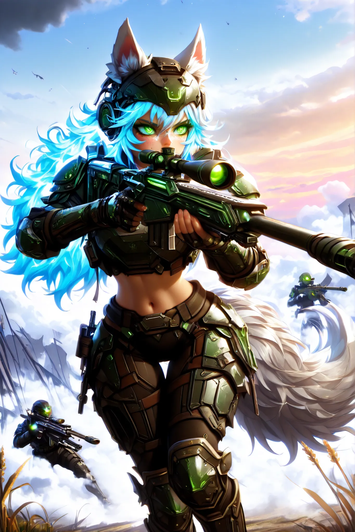 Masterpiece, best quality, amazing quality, absurdres, very aesthetic, lazypos, 3D, 1 woman, (tall, slim, medium-big chest, large hip, silver long hair, fluffy hair, wolf ears, fluffy ears, wolf eyes, fluffy tail, clear skin), smooth natural moonlight with...