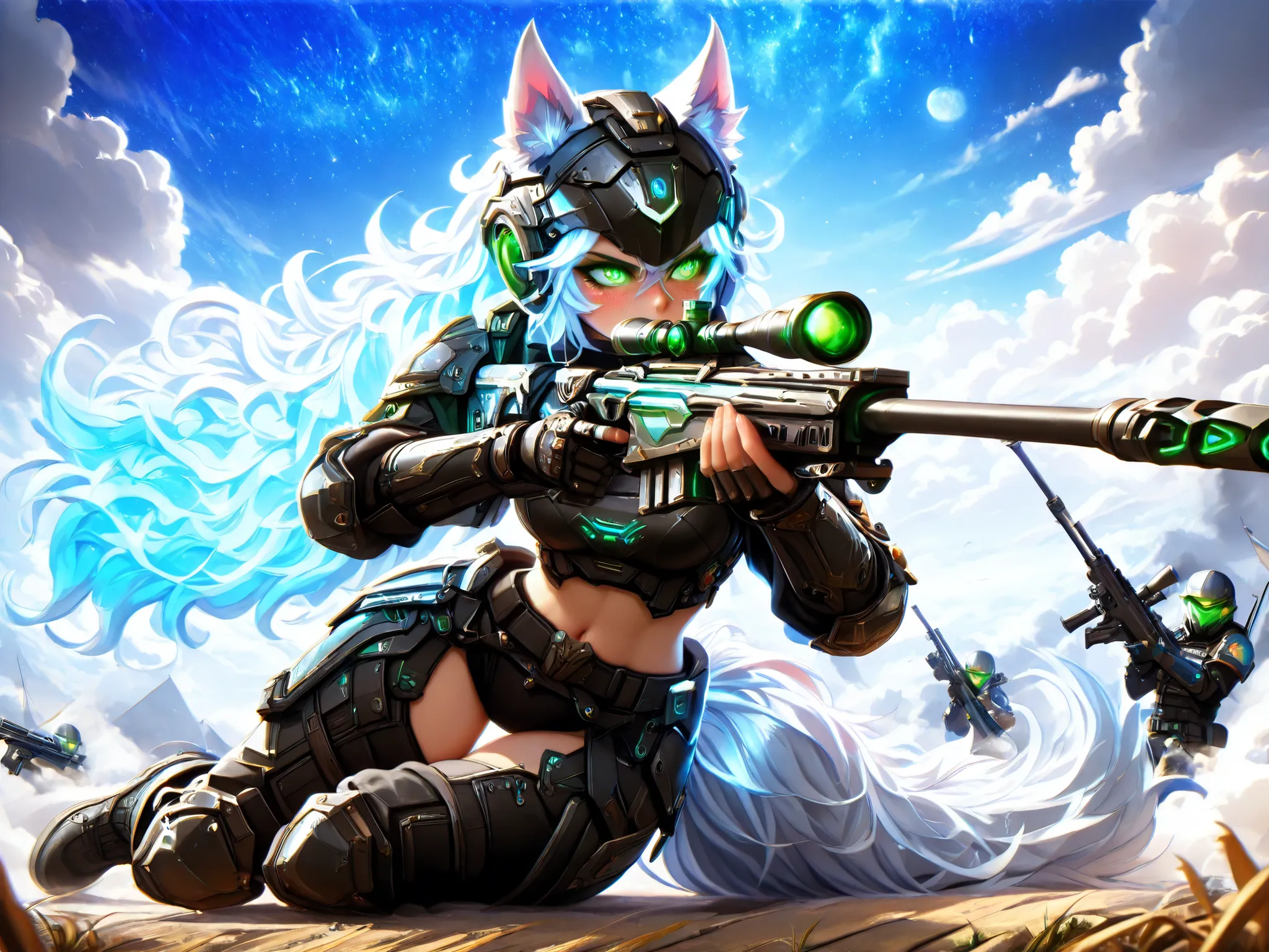 Masterpiece, best quality, amazing quality, absurdres, very aesthetic, lazypos, 3D, 1 woman, (tall, slim, medium-big chest, large hip, silver long hair, fluffy hair, wolf ears, fluffy ears, wolf eyes, fluffy tail, clear skin), smooth natural moonlight with...