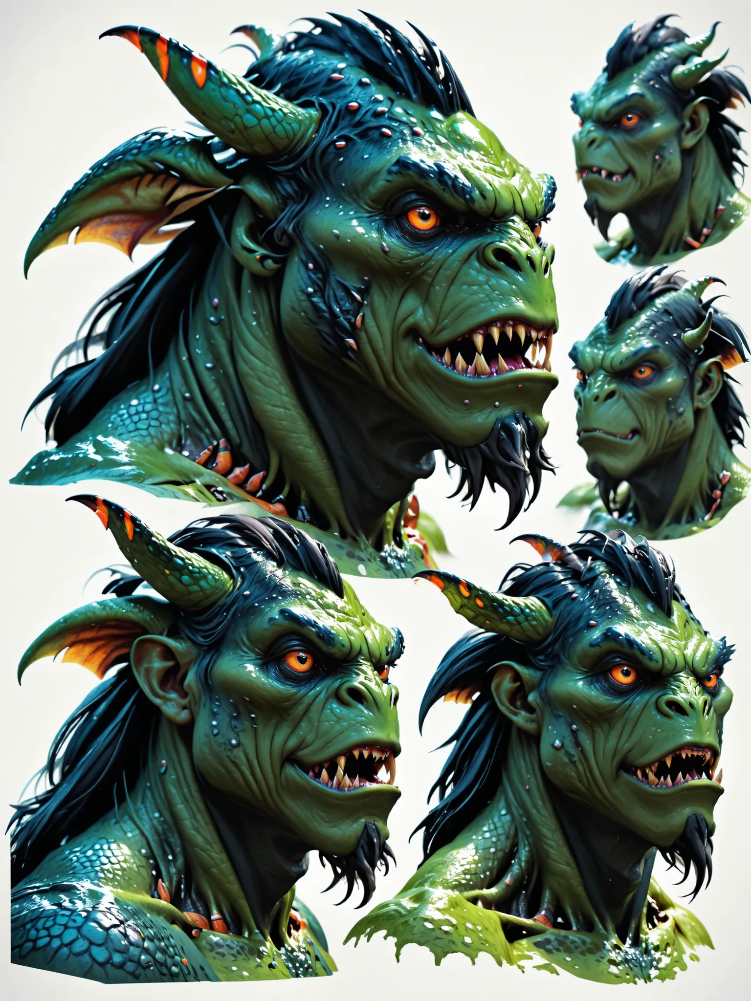 Monster face, ultra realistic portrait from various angles, frente, nuca, left side profile, right side profile, concept art