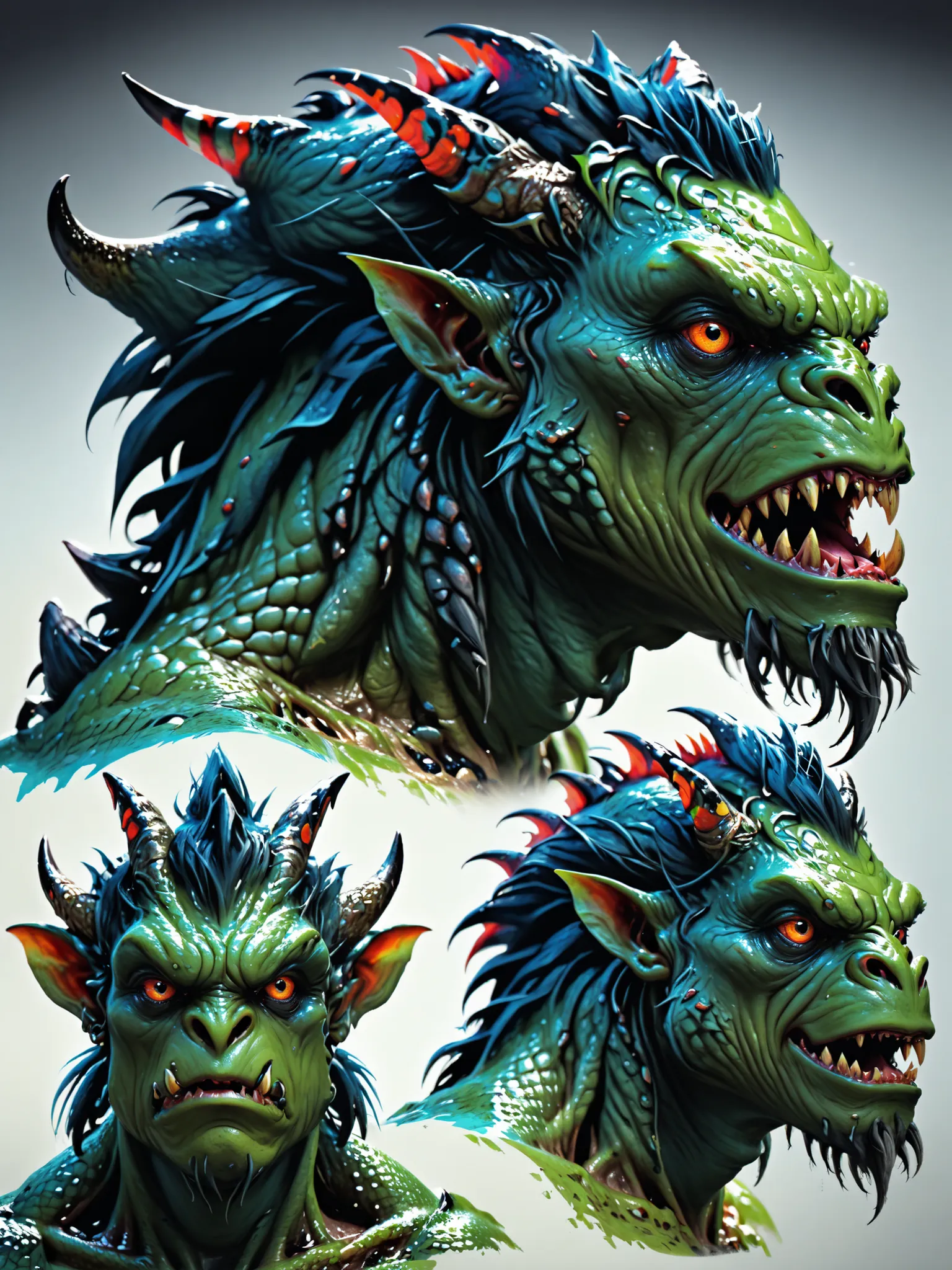Monster face, ultra realistic portrait from various angles, frente, nuca, left side profile, right side profile, concept art