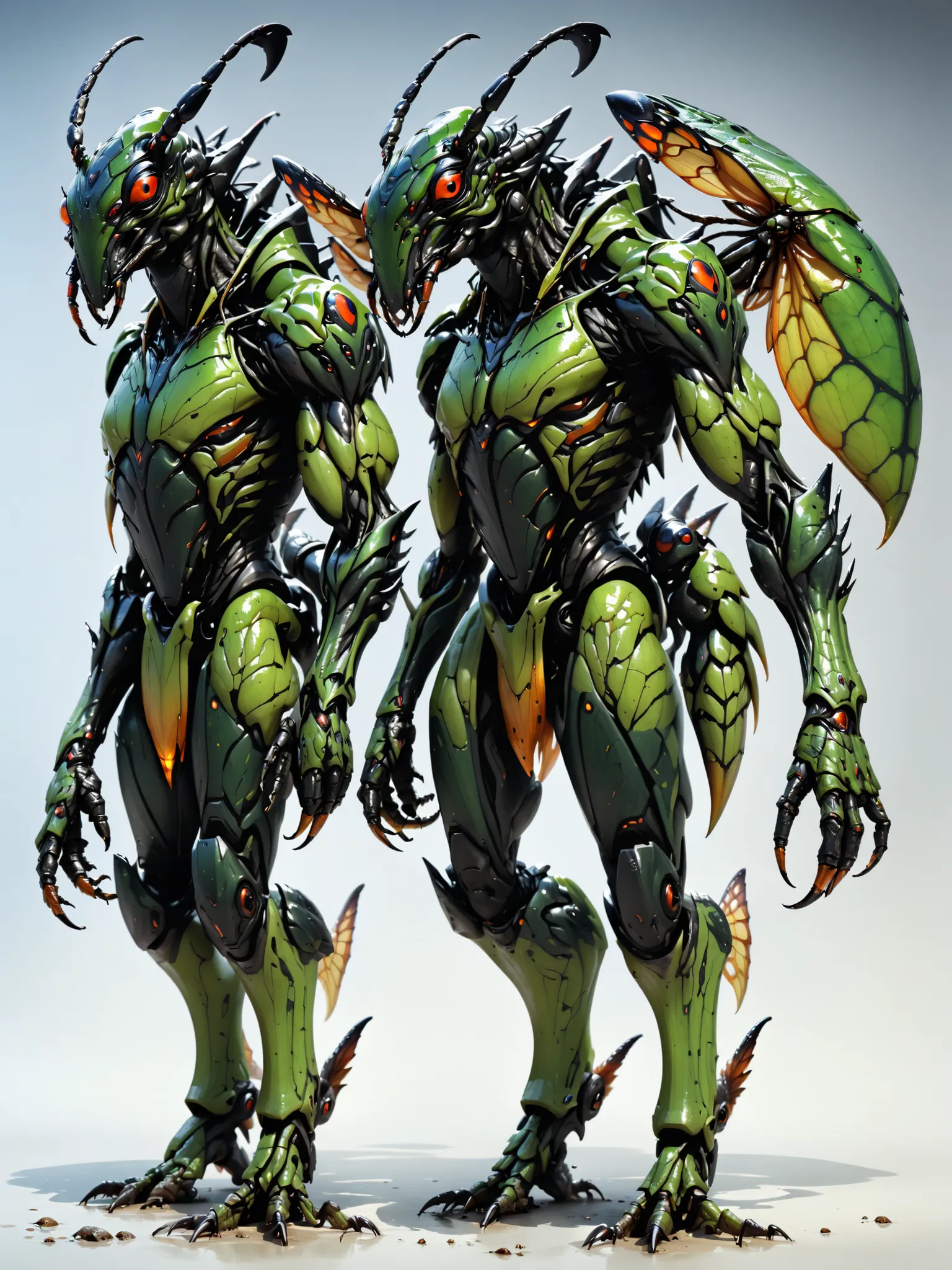 Ultra-realistic Full Body Monster insectoid from multiple angles, frente, nuca, left side profile, right side profile, concept art