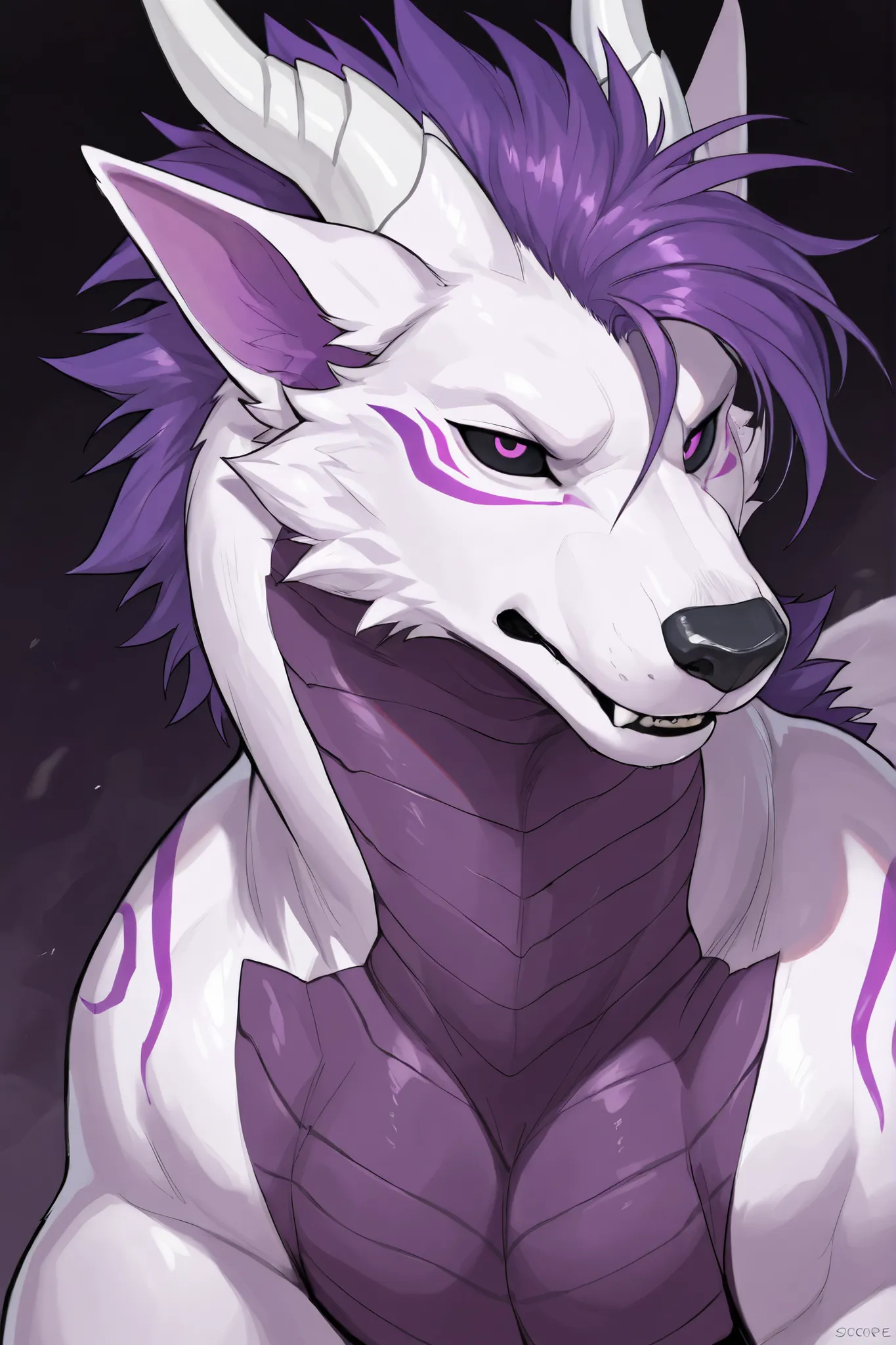 score_9, score_8_up, score_7_up, score_6_up, masterpiece, best quality, amazing quality, very aesthetic, absurdres, newest, solo, male, fox dragon hybrid, feral, massive physique, sleek body, scaly dark purple underbelly, black eyes with purple pupils, mon...