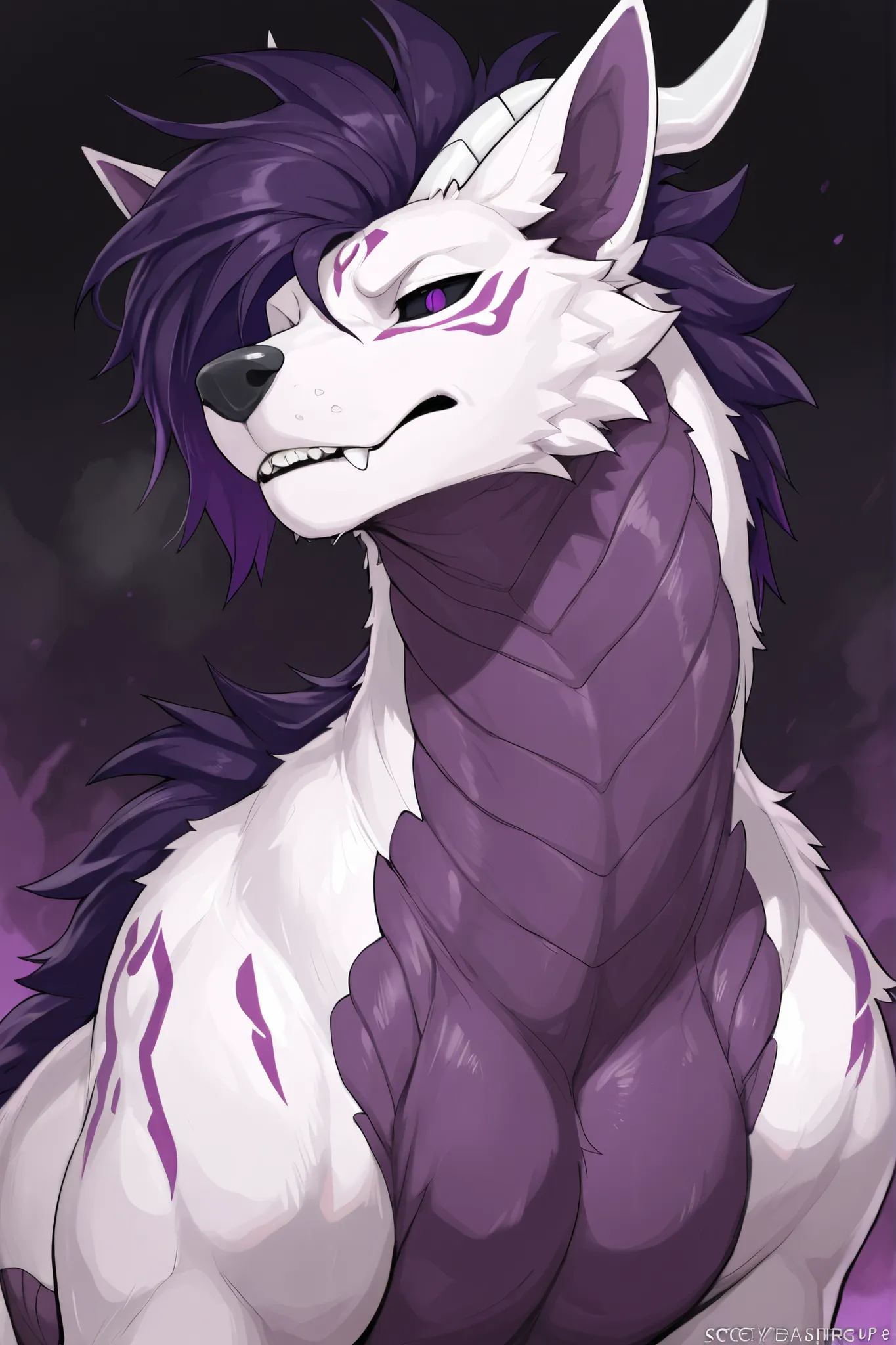 score_9, score_8_up, score_7_up, score_6_up, masterpiece, best quality, amazing quality, very aesthetic, absurdres, newest, solo, male, fox dragon hybrid, feral, massive physique, sleek body, scaly dark purple underbelly, black eyes with purple pupils, mon...
