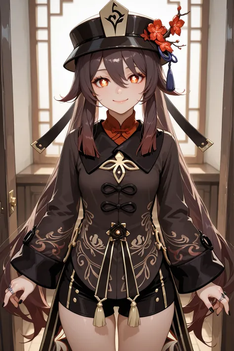 1girl, hu tao (genshin impact), hat flower, long sleeves, plum blossoms, flower-shaped pupils, twintails, red flower, symbol-shaped pupils, ring, black nails, flower, chinese clothes, jewelry, nail polish, hat, shorts, hair between eyes, multiple rings, ve...