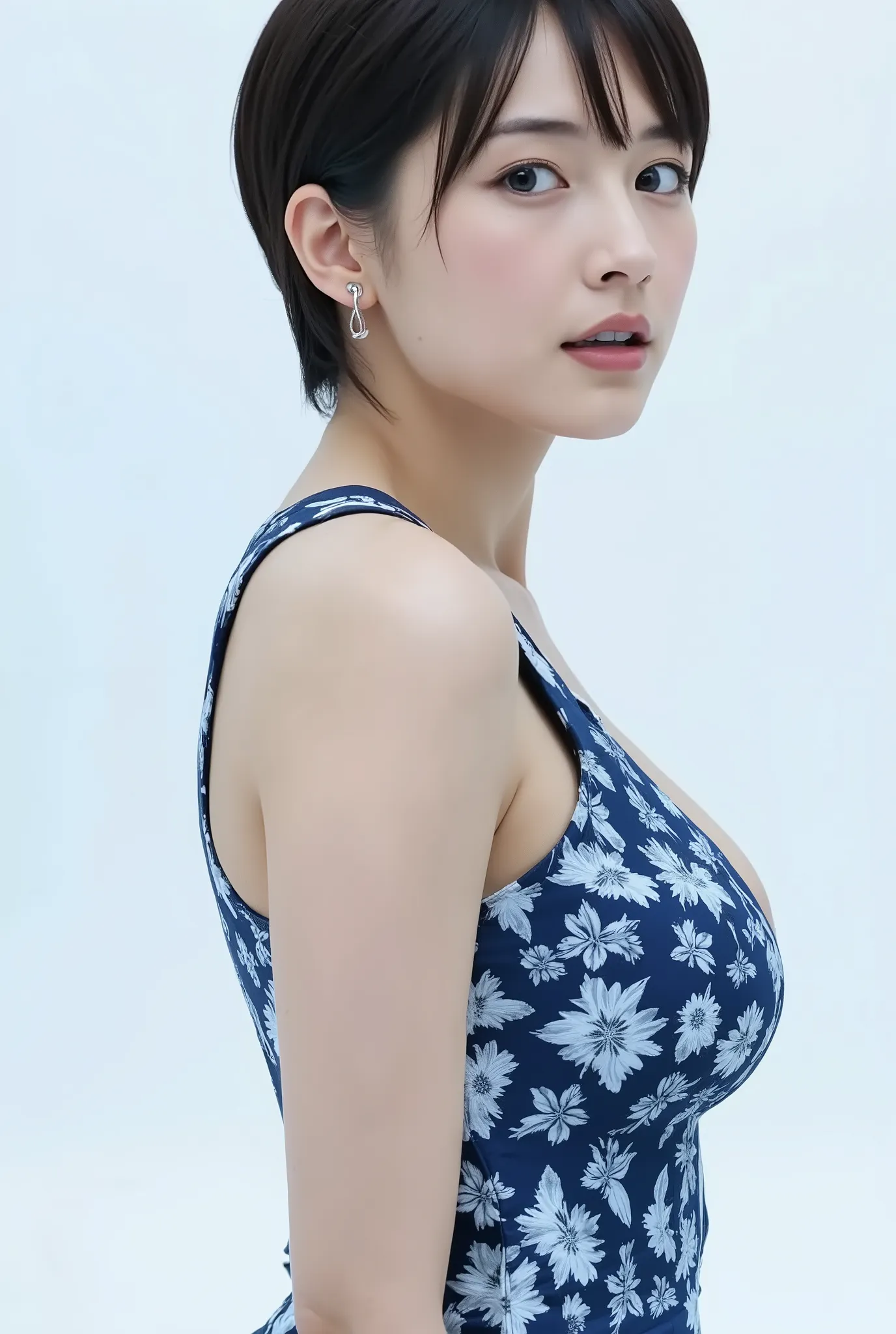 A beautiful woman with overwhelmingly beautiful short hair、betterpose、mesh bodysuit、sexy、nature、Detailed image quality、hyperreal,Curvy body、and look at the camera、cleavage、