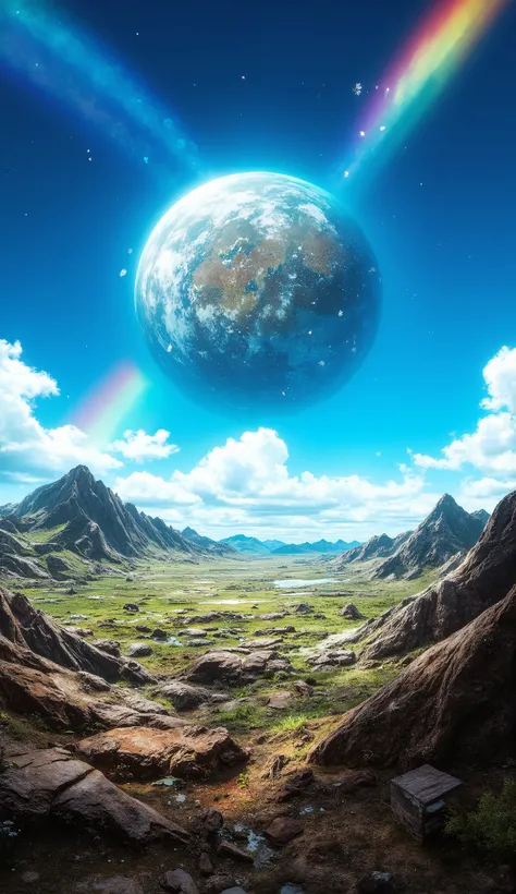 (( Astonishingly )),(masterpiece:1.2),超high resolution, Atención al detalle, High Quality, high resolution, 最High Quality, 4k, 8K、 very beautiful、landscape、landscape画、Infinite blue sky、A rainbow appears、There are a lot of ruins there 、dandelion fluff flyin...