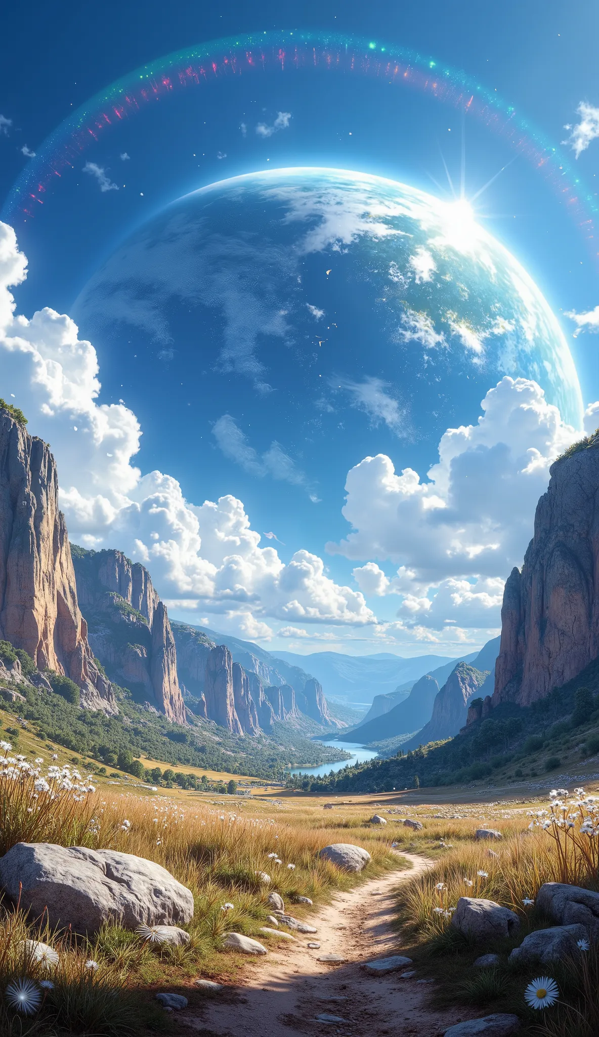 (( Astonishingly )),(masterpiece:1.2),超high resolution, Atención al detalle, High Quality, high resolution, 最High Quality, 4k, 8K、 very beautiful、landscape、landscape画、Infinite blue sky、A rainbow appears、There are a lot of ruins there 、dandelion fluff flyin...