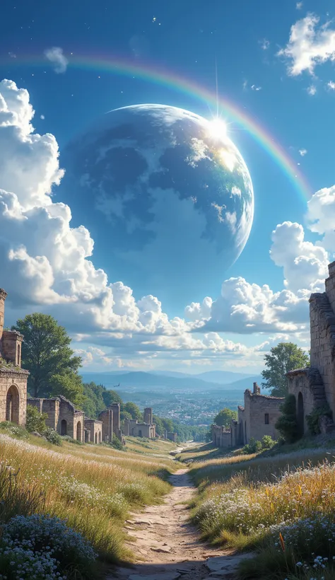 (( Astonishingly )),(masterpiece:1.2),超high resolution, Atención al detalle, High Quality, high resolution, 最High Quality, 4k, 8K、 very beautiful、landscape、landscape画、Infinite blue sky、A rainbow appears、There are a lot of ruins there 、dandelion fluff flyin...